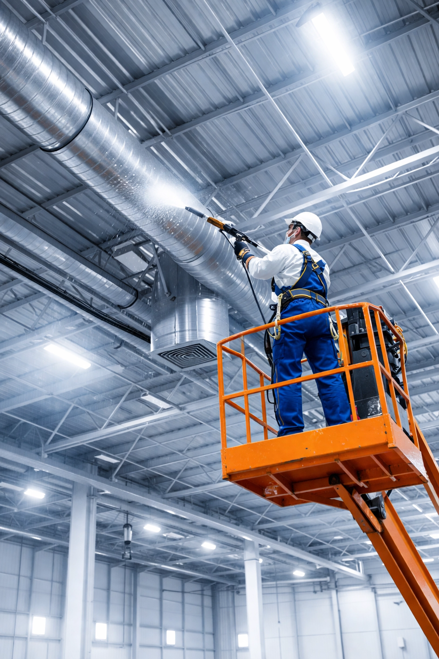 Industrial cleaner on cherry picker cleaning overhead ductwork in large warehouse facility