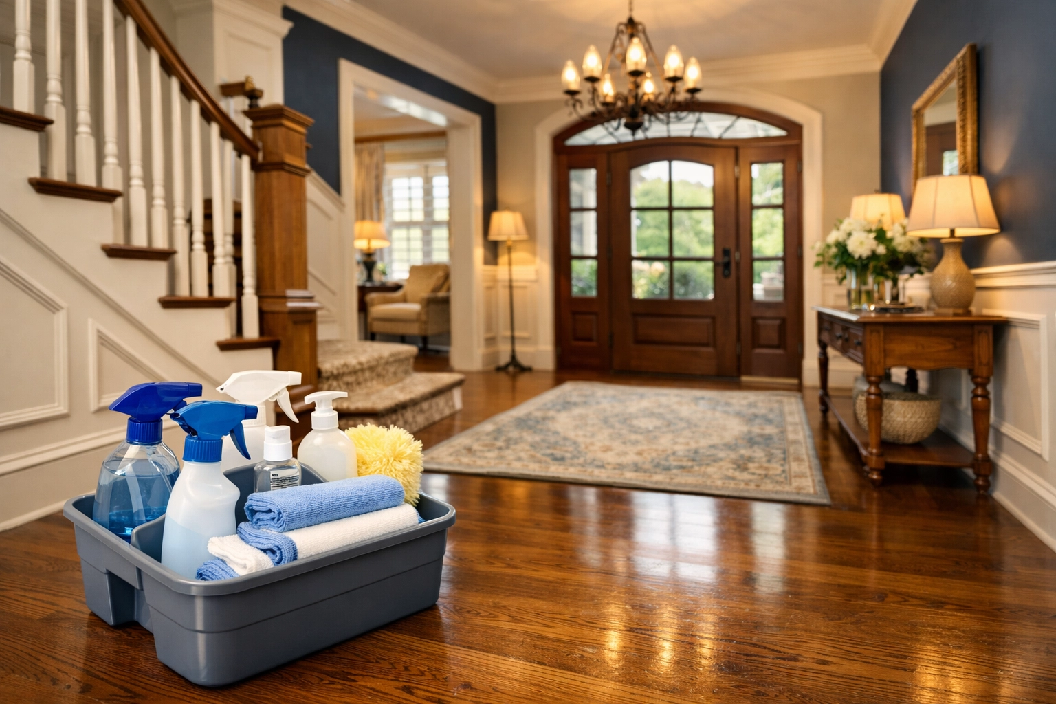 Organized cleaning supplies in an elegant Westborough foyer showing professional house cleaning standards.