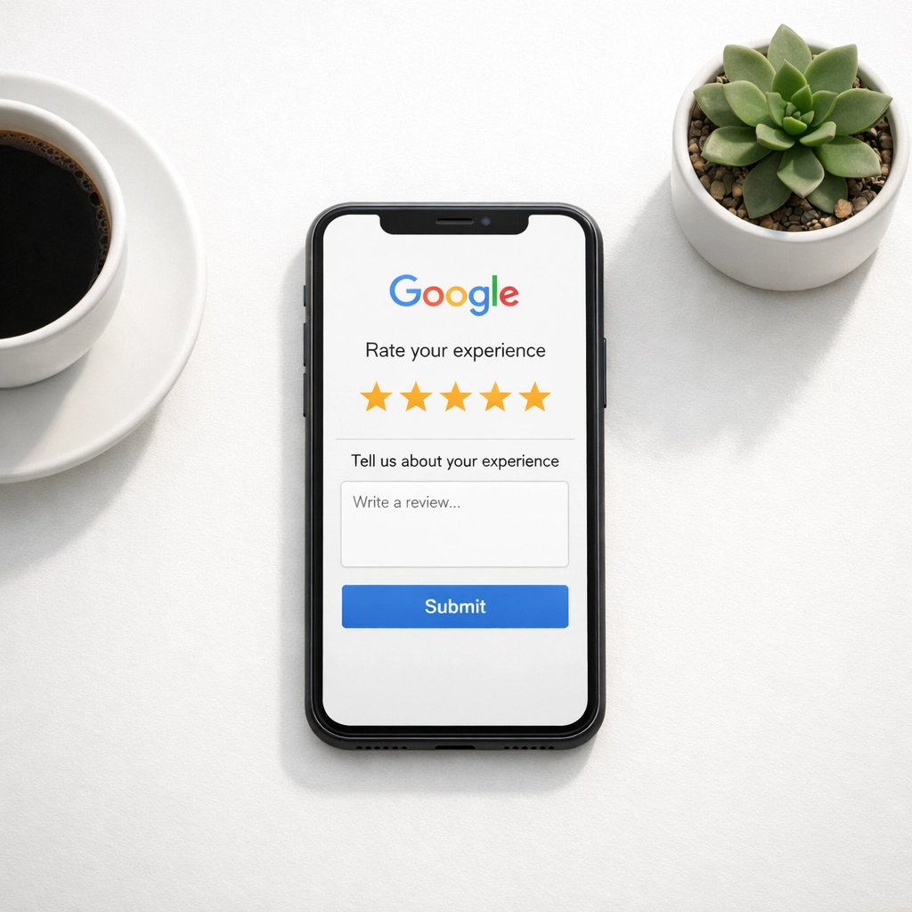 Five-star Google reviews for pest control company on smartphone showing reputation management success