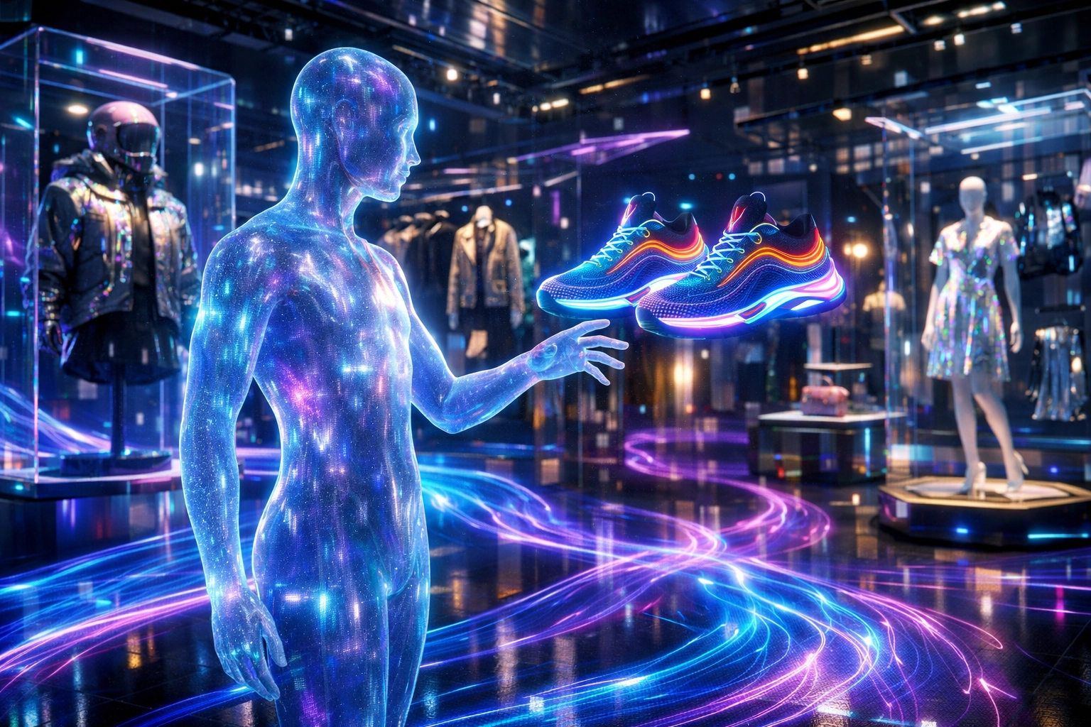 Metaverse shopping using Larecoin.ai spatial intelligence and gesture-based interaction in a virtual boutique.