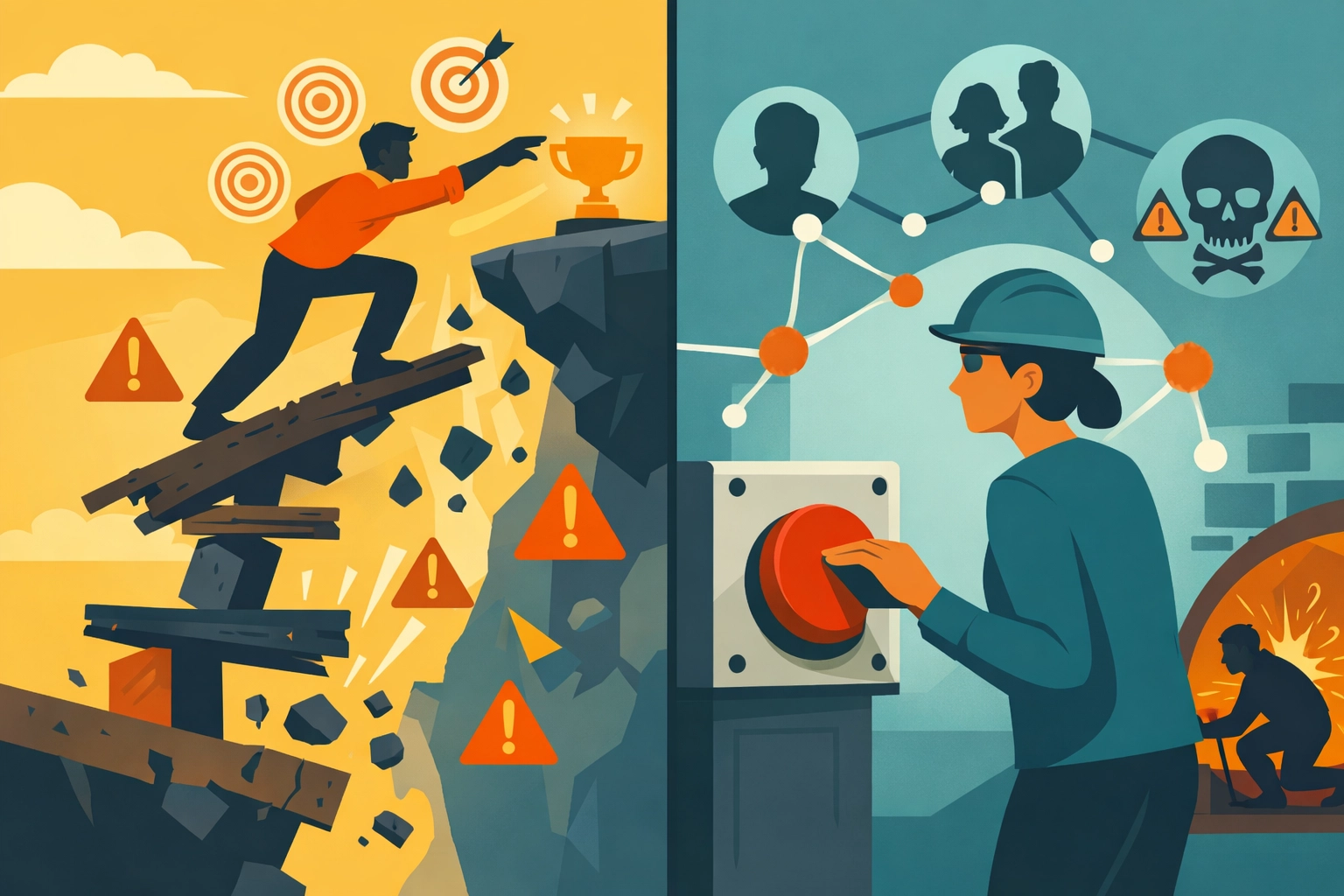 Two safety archetypes: Achiever reaching dangerously toward goal, Harmonizer hesitating at stop button