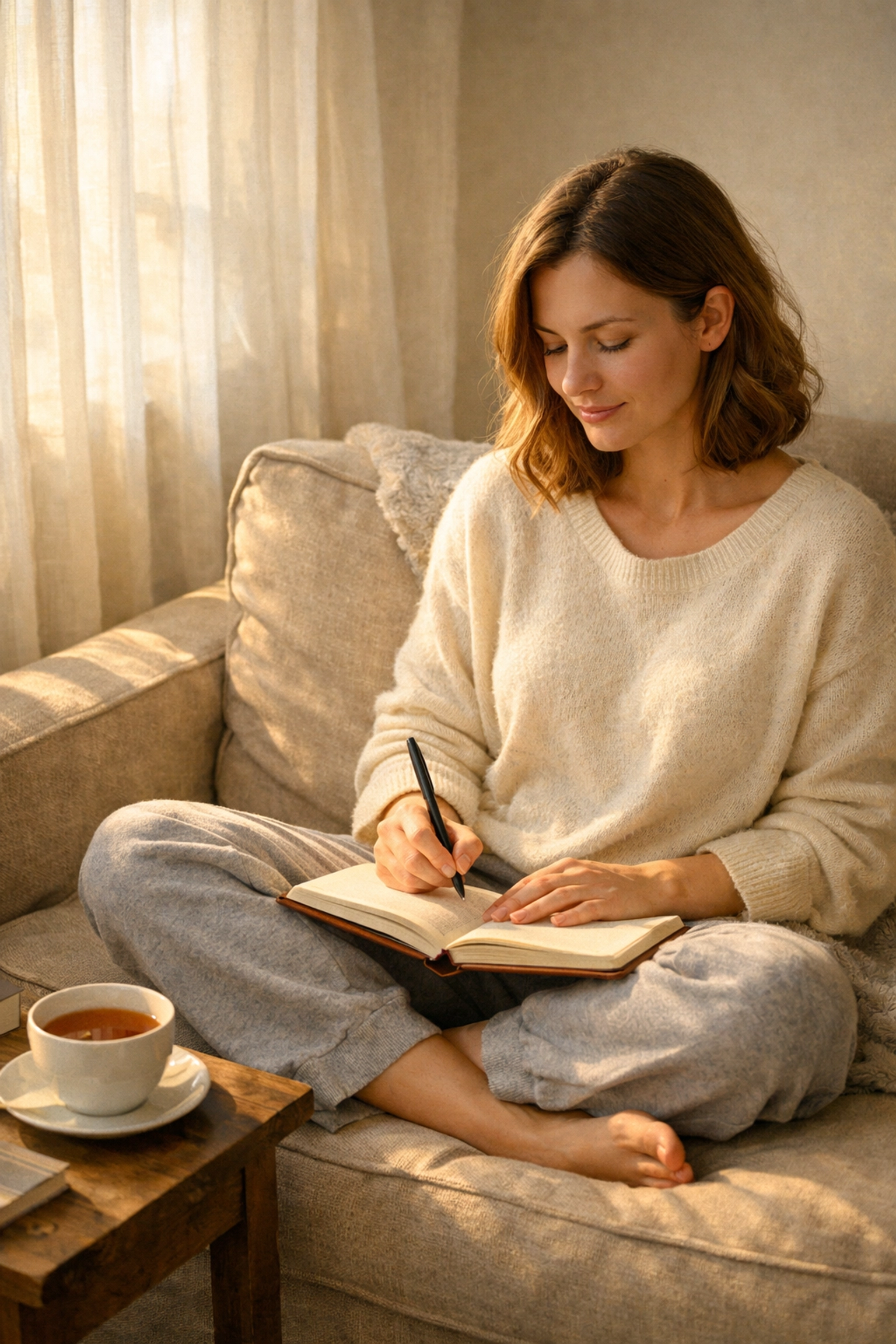 Woman journaling and setting healthy boundaries through self-reflection