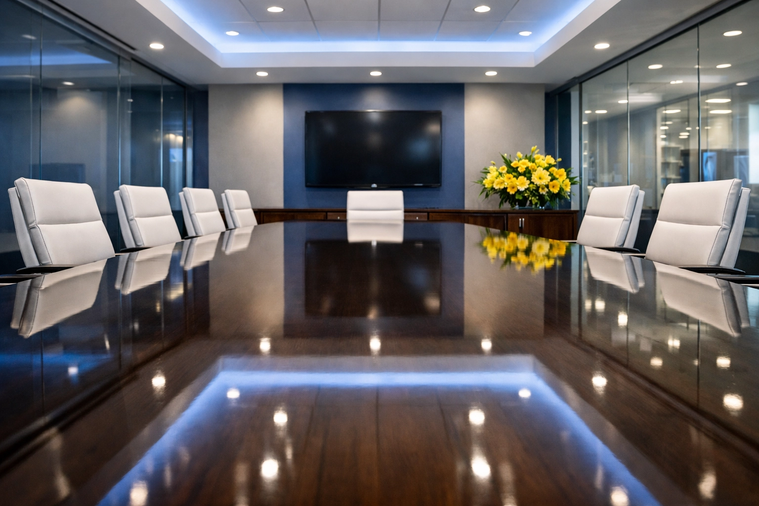 Pristine conference room with a polished table and clear glass, maintained by deep Office Cleaning Franklin.