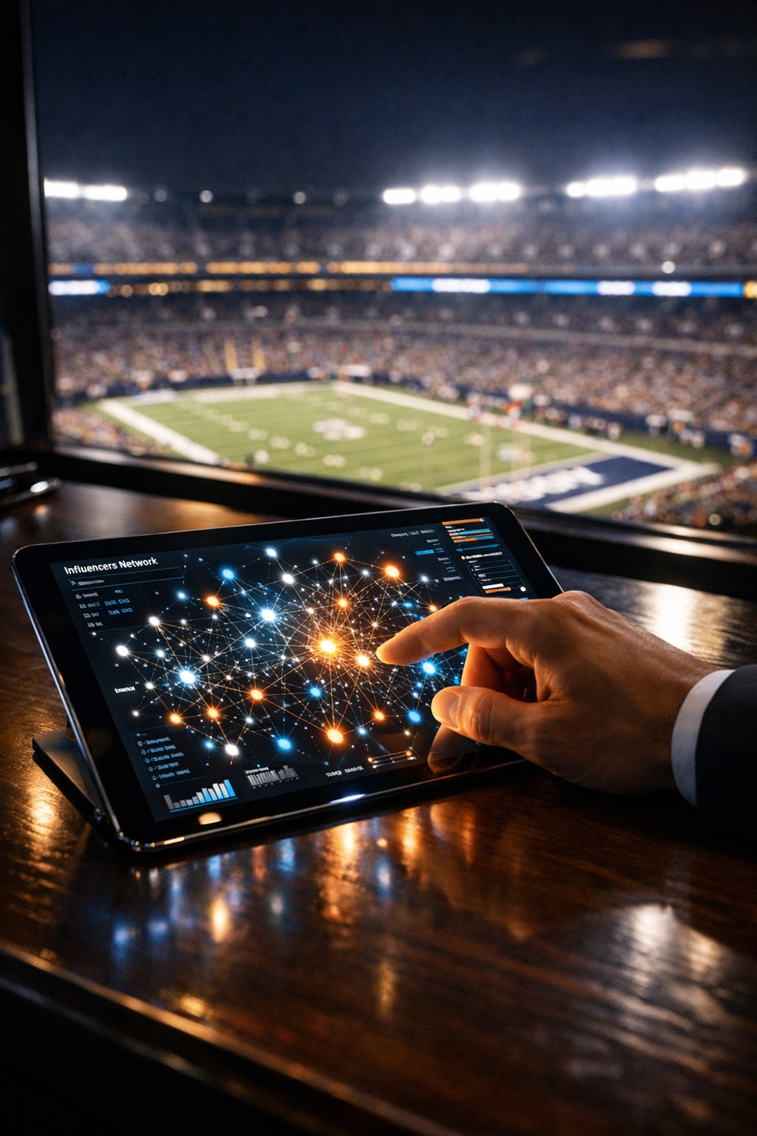 Analyzing a digital network of athlete influencers on a tablet for targeted Super Bowl NIL brand strategy.