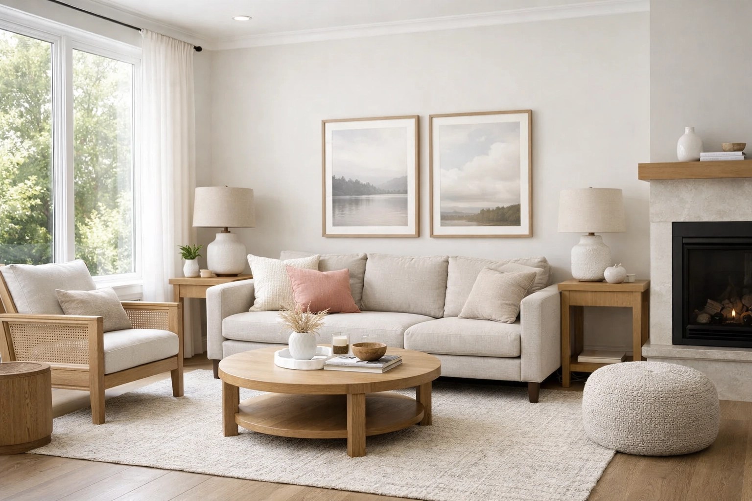 Modern staged living room with neutral tones and warm wood accents, subtle blush accent pillow