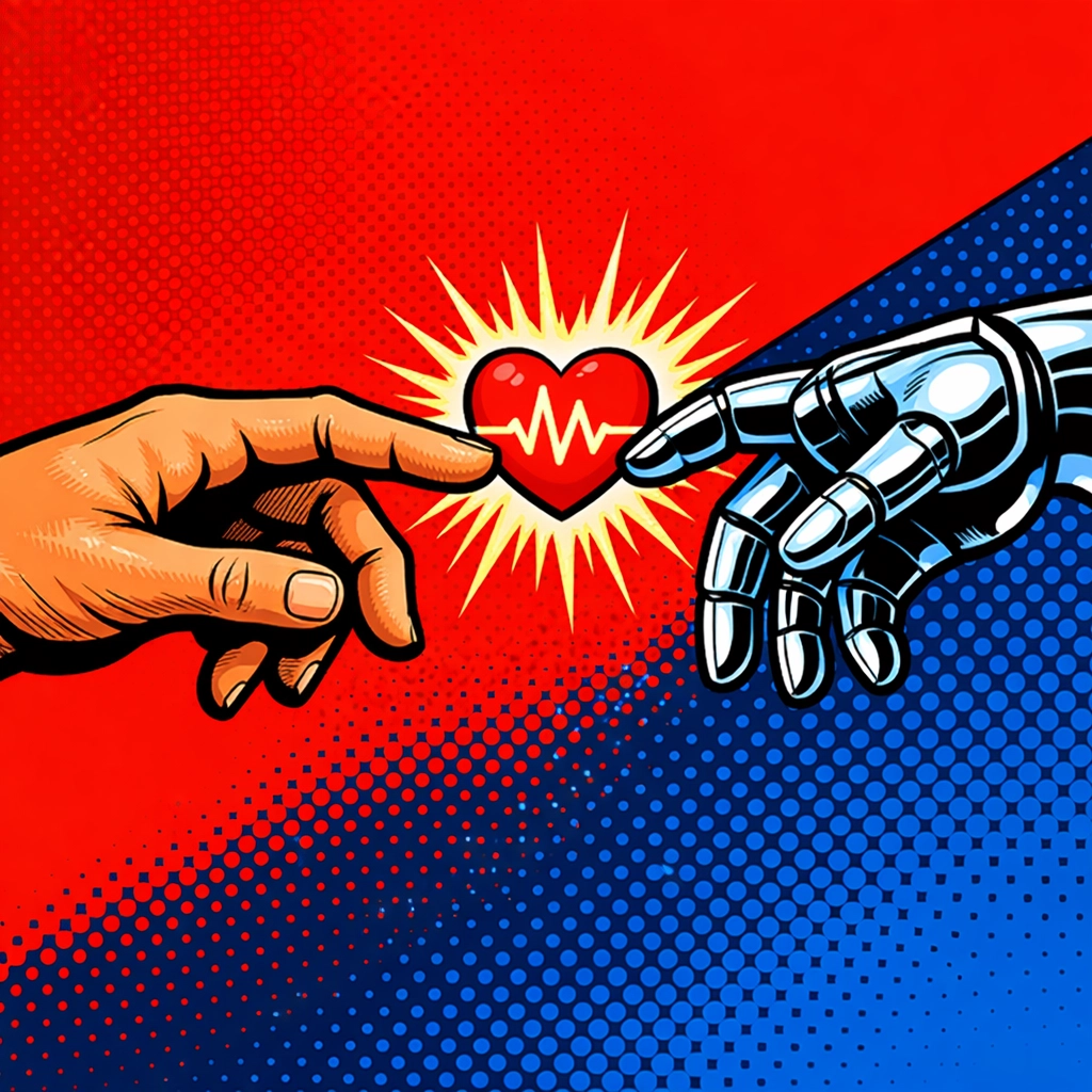 Human and AI virtual assistant hands touching to illustrate a balanced business automation strategy.
