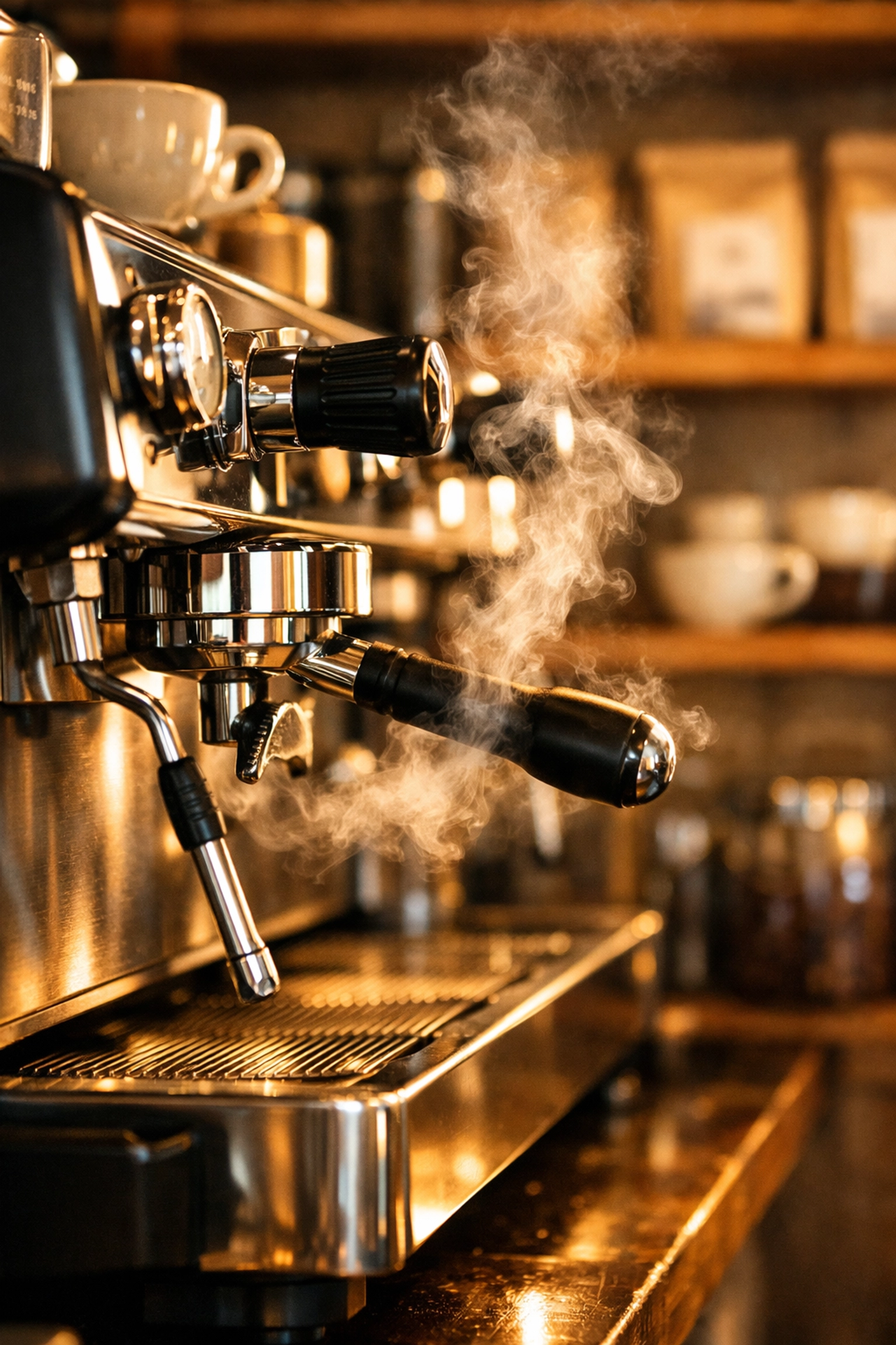 Close-up of a professional commercial espresso machine with steam rising from the wand in a sunlit specialty cafe.