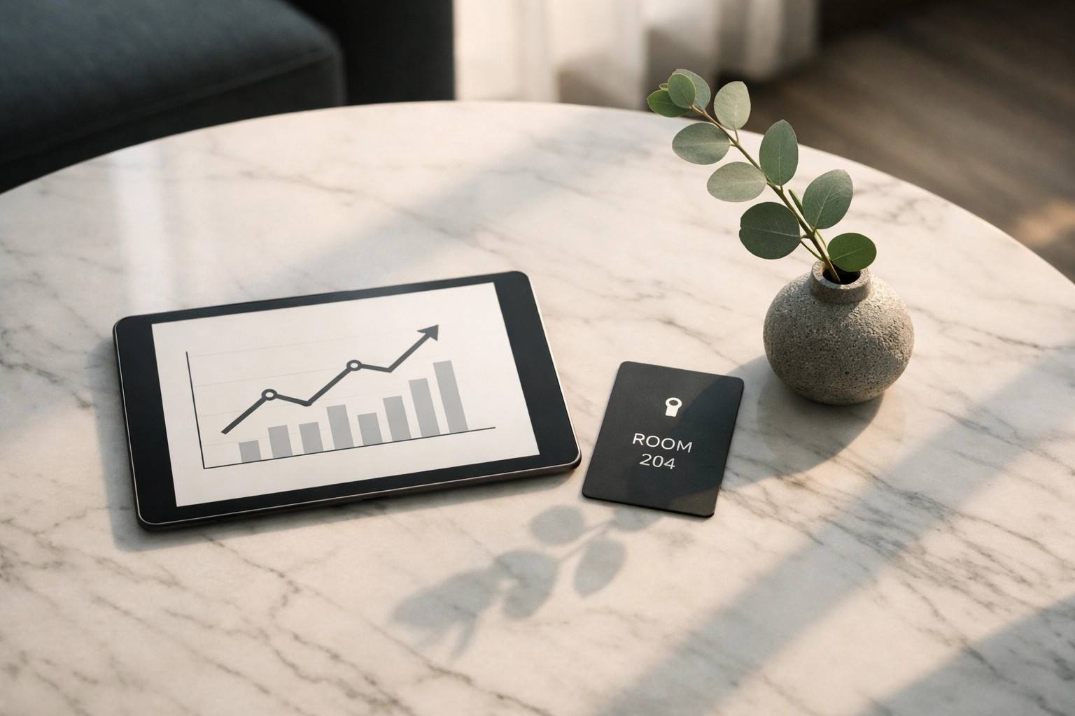 Boutique hotel revenue strategy data displayed on a tablet with a modern room key.