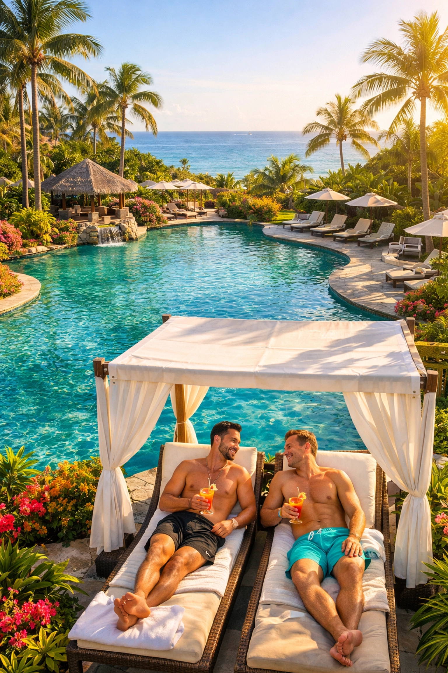 Luxury gay resort pool with tropical palms and men relaxing poolside