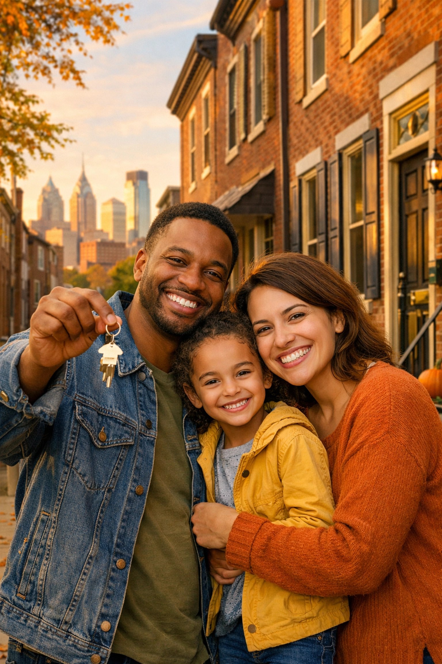 Family holding keys in front of Philadelphia row home after getting approved for affordable housing