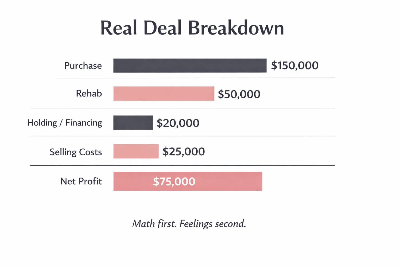 Real Deal Breakdown chart showing purchase, rehab, holding/financing, selling costs, and net profit