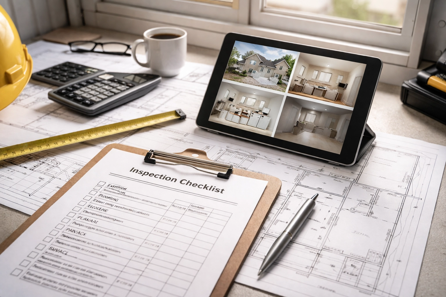 Organized contractor desk with a tablet, inspection checklist, and measuring tape showing insurance restoration workflow documentation.