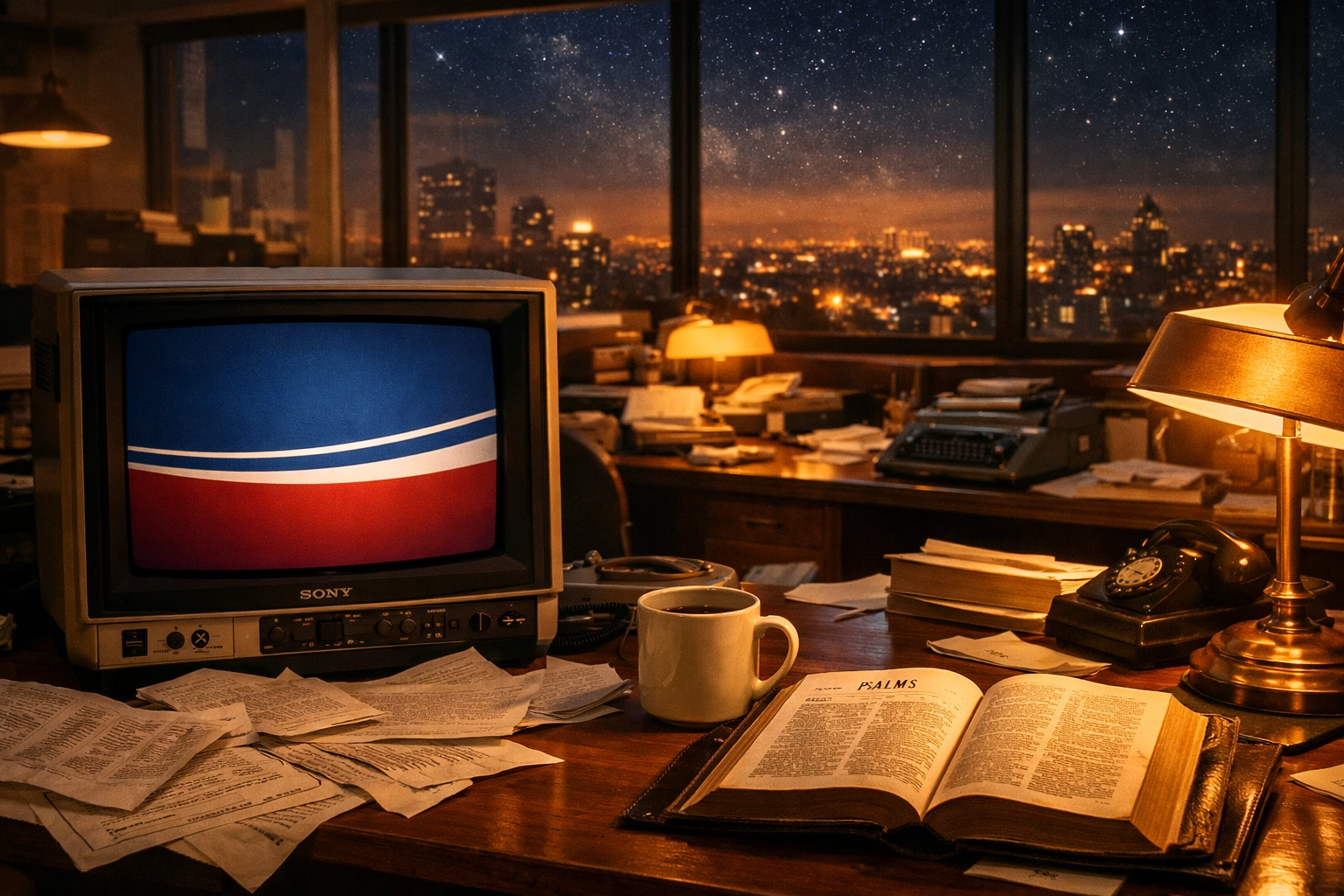 Peaceful newsroom desk at night with Bible and news reports representing faith-centered journalism