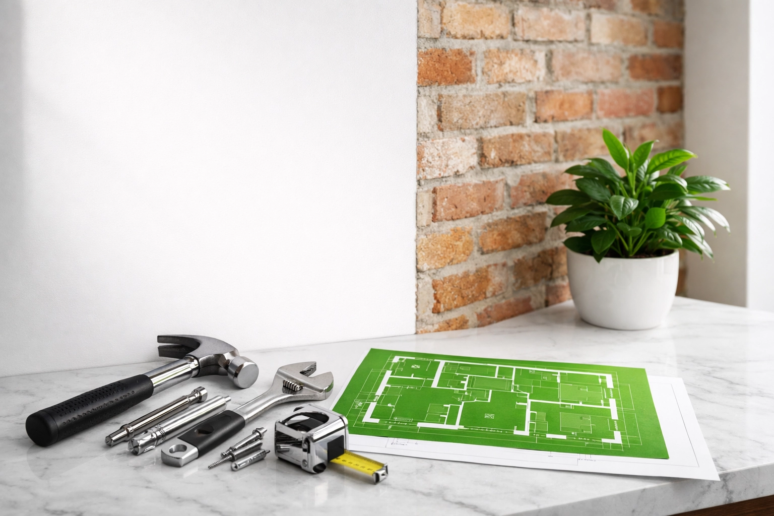 Modern home renovation featuring architectural plans and tools for an investor's hard money rehab project.