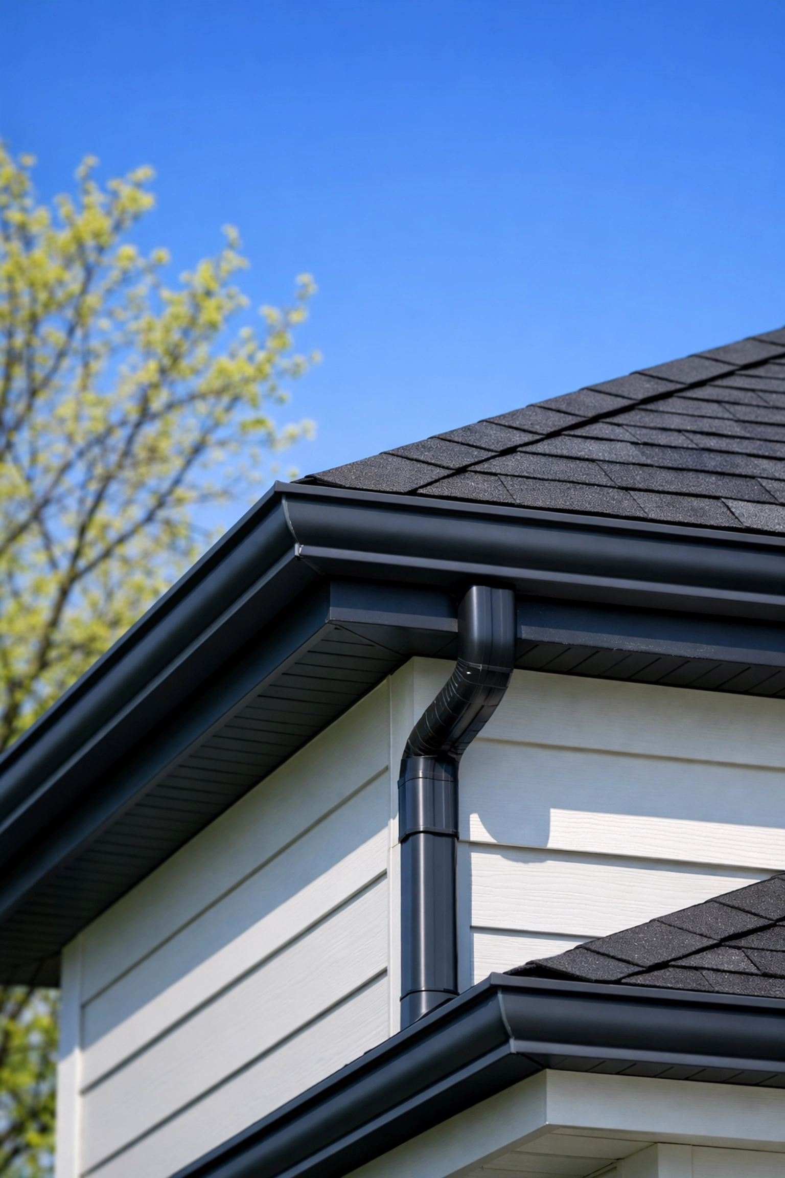 Well-maintained Cleveland rental property roof and clean gutters during spring maintenance inspection.