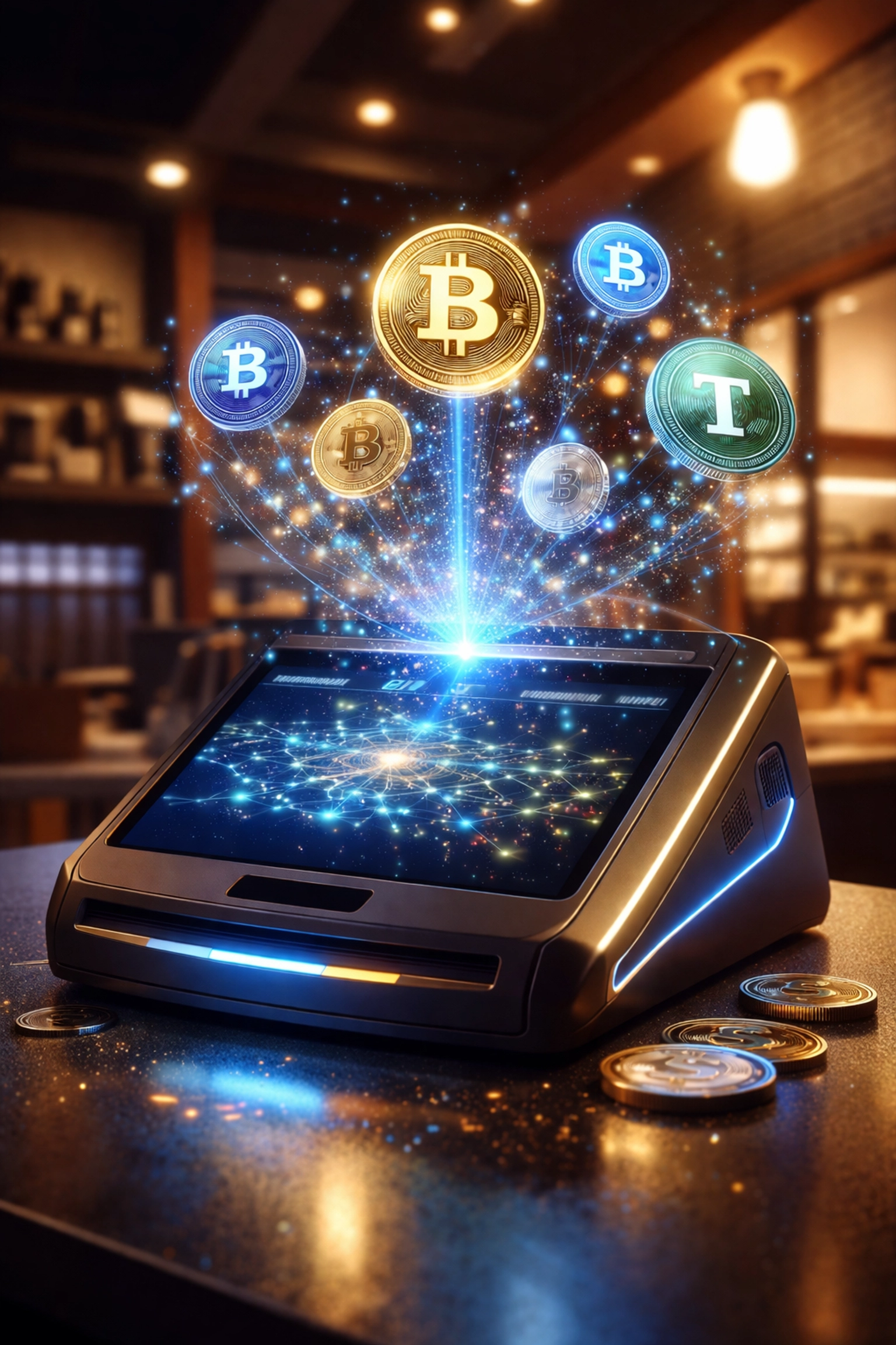 A modern point-of-sale terminal in a small business showing digital coins and blockchain, highlighting crypto payment innovation.