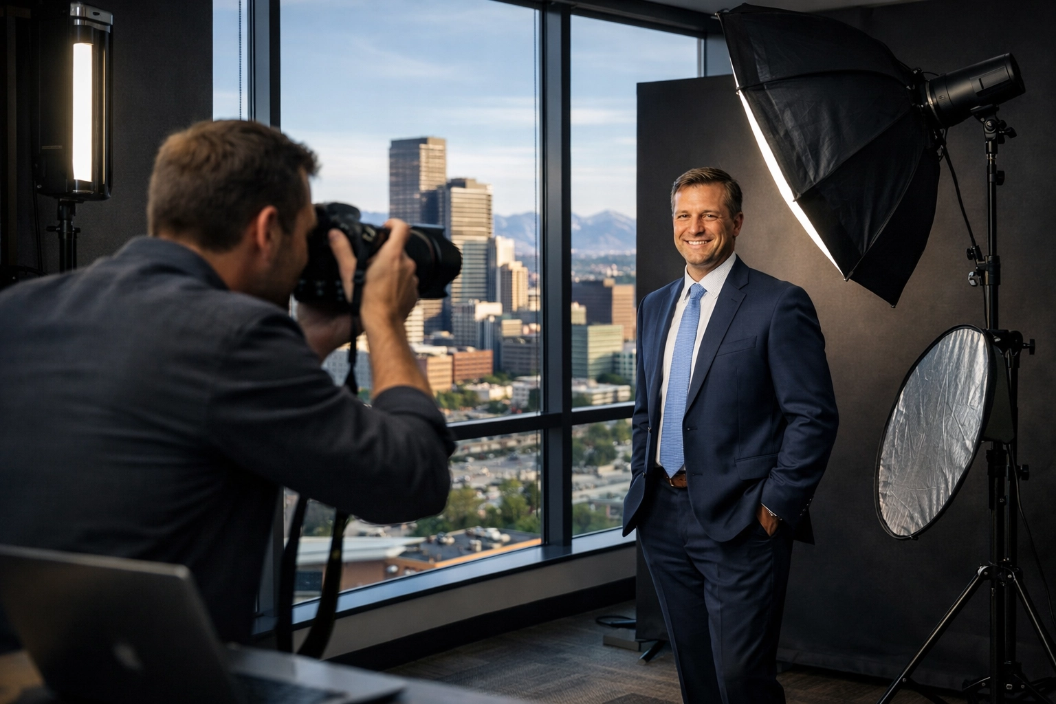 On-location headshot session in Denver office with professional lighting and city skyline backdrop