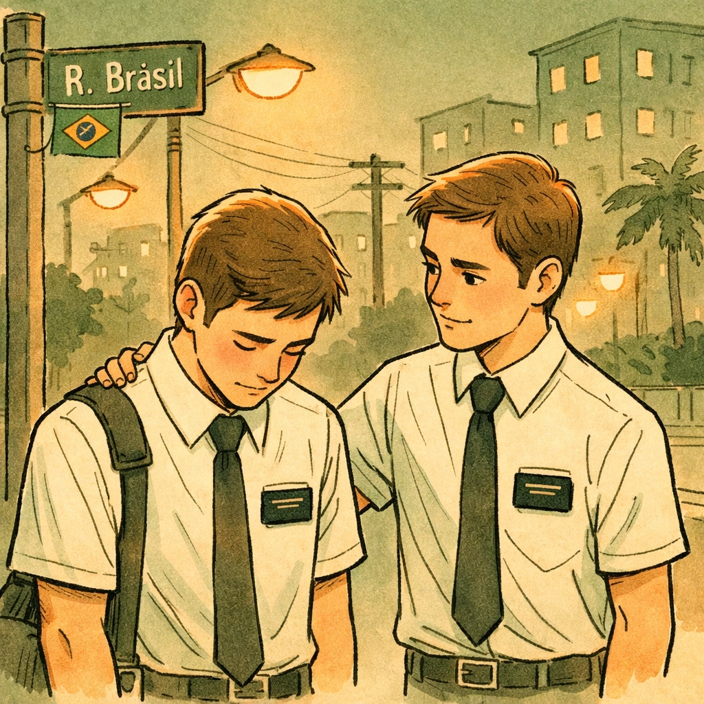 Mormon missionaries on Brazilian street corner depicting gay love and emotional support