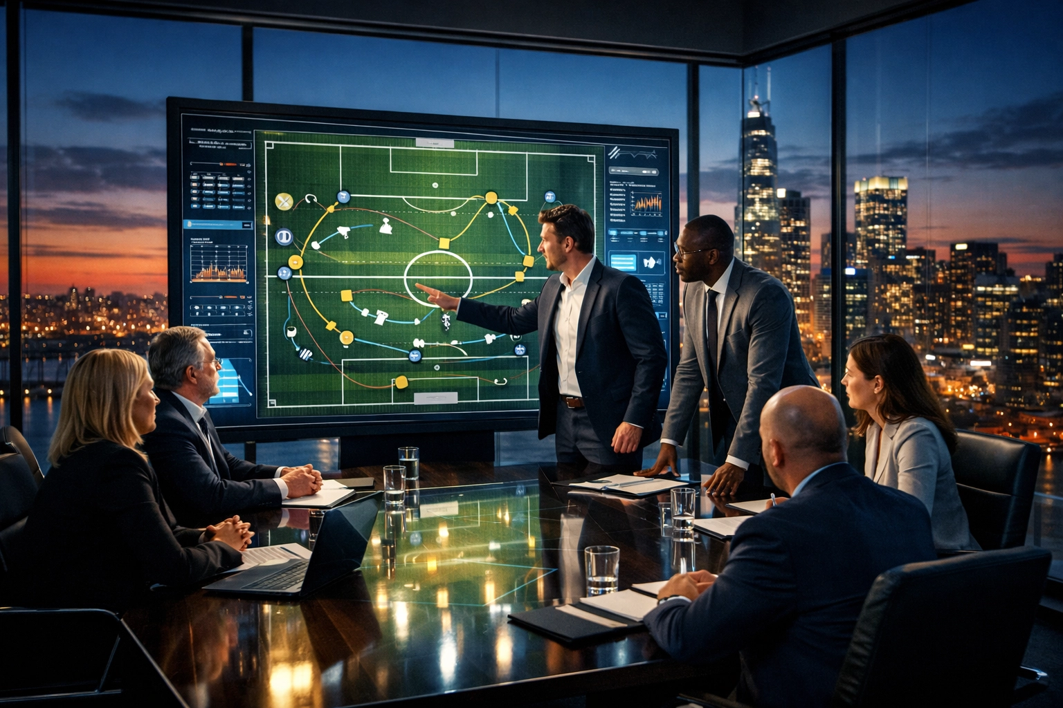 Consultants analyzing football tactical overlays on a digital display for data-driven sports media strategy.