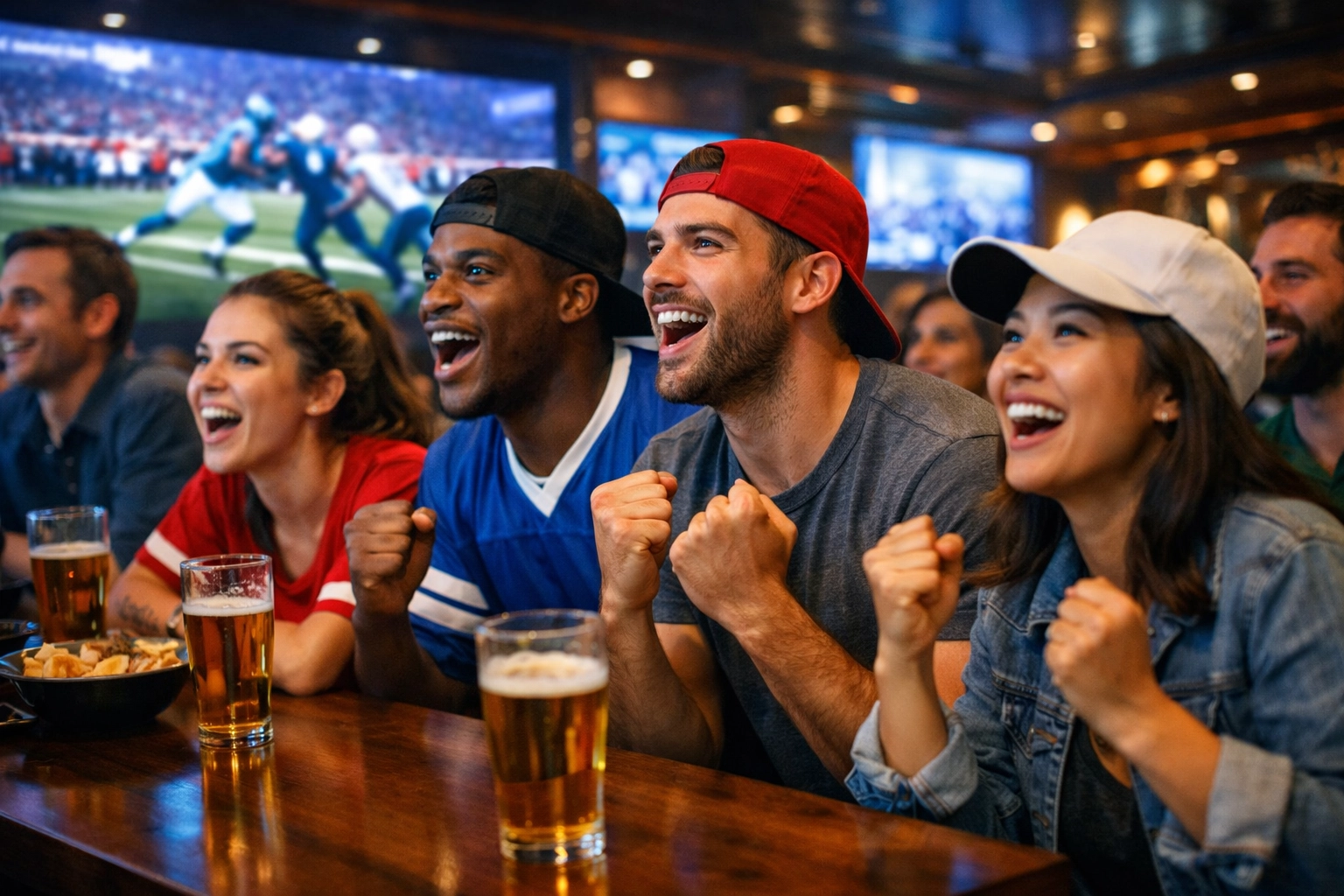 Fans watching a game in a sports bar with digital out-of-home ads on screens