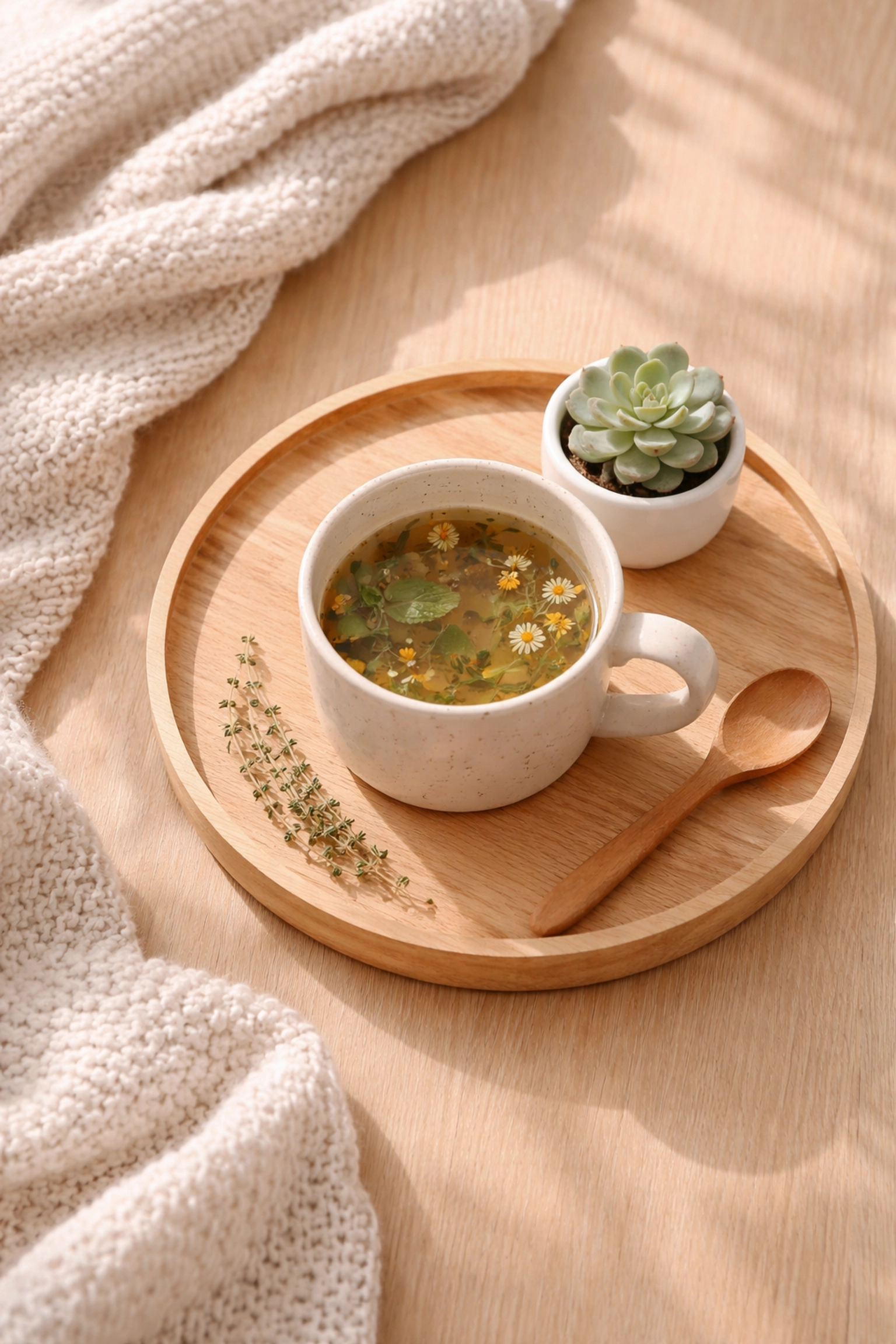 Tray with herbal tea and plant symbolizing self-care and wellness during IVF acupuncture support