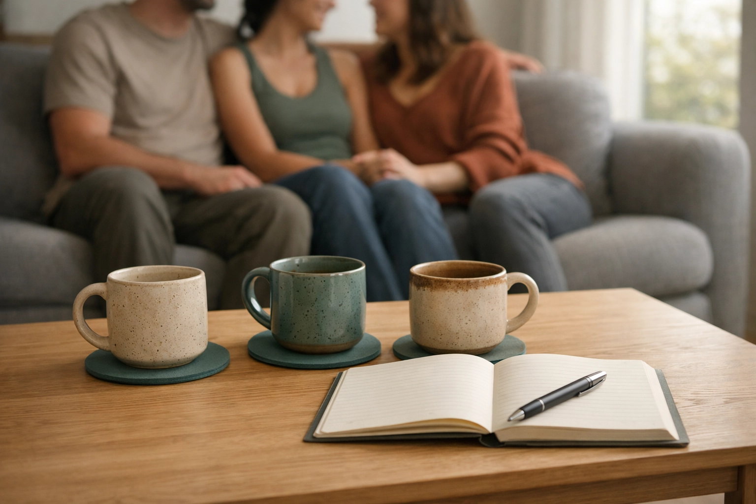 A kitchen table polyamory gathering focused on honest communication and relationship transitions.
