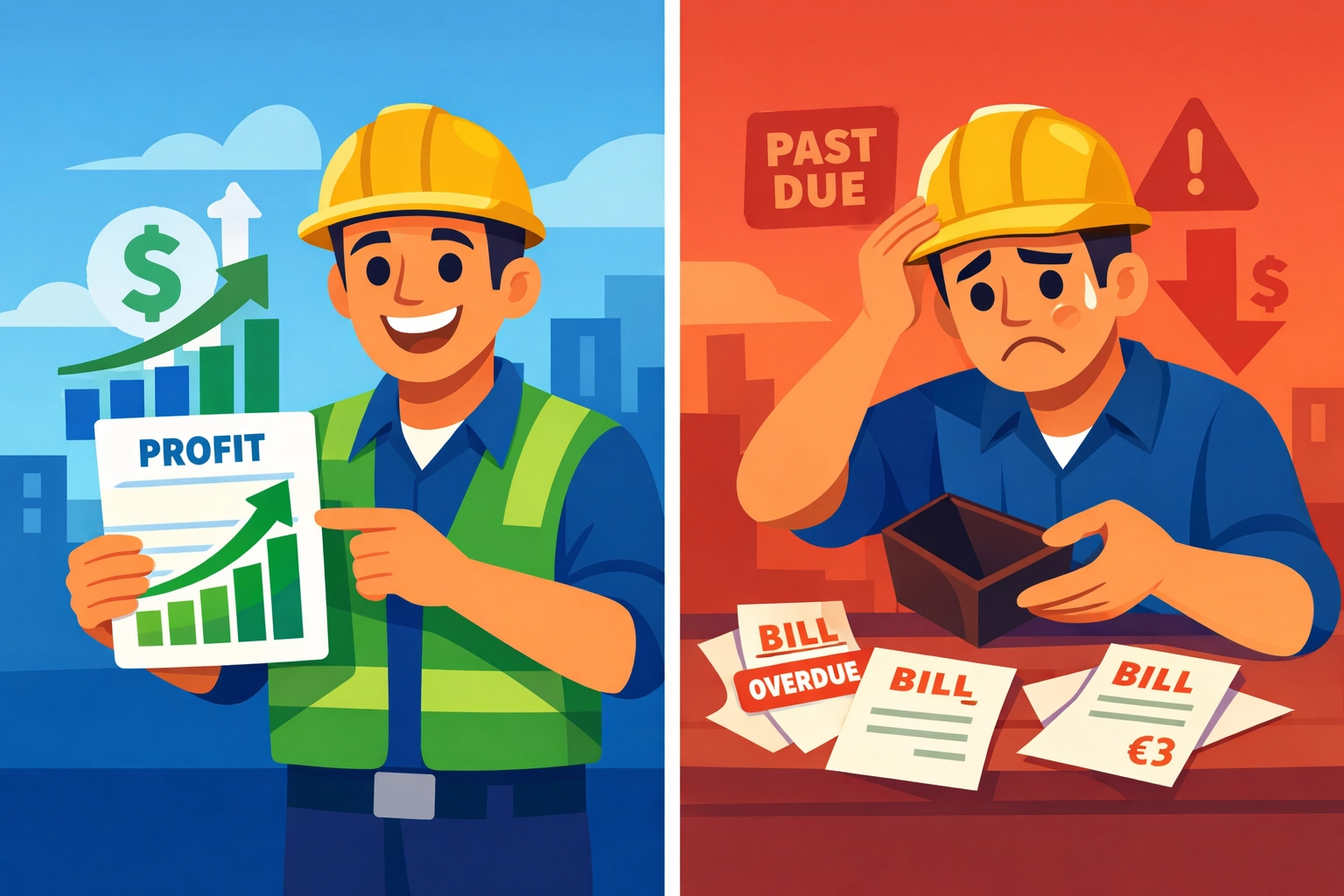 Contractor comparing profit reports versus empty wallet showing cash flow gap