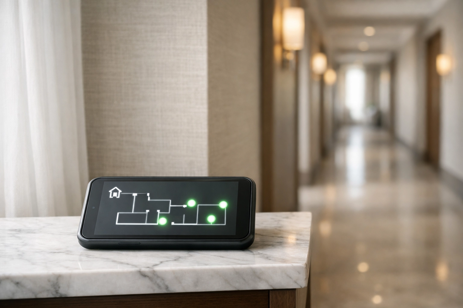 Mobile hotel management app displaying real-time room status for automated housekeeping scheduling.