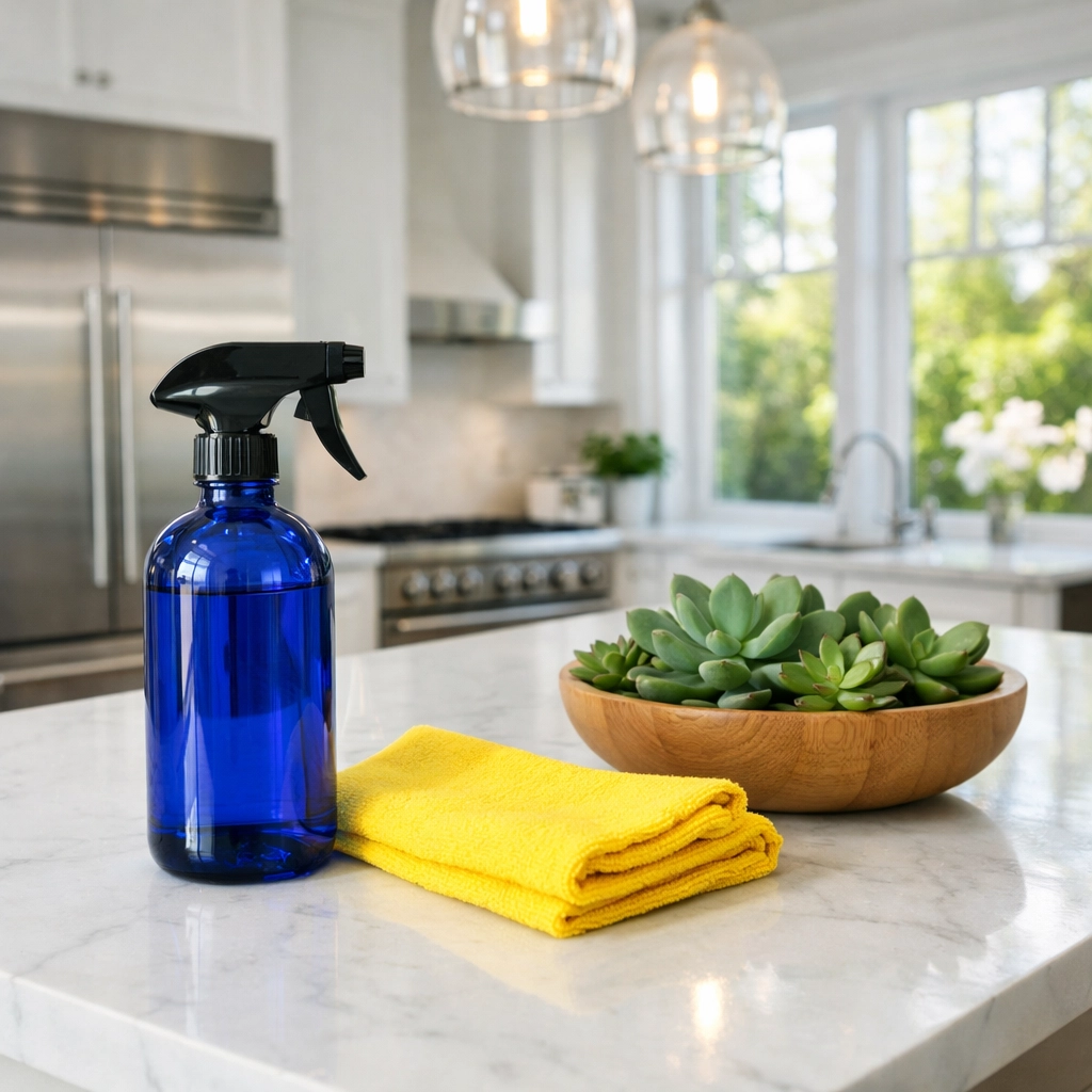 Eco-friendly house cleaning Wellesley MA products on a clean white marble kitchen countertop.