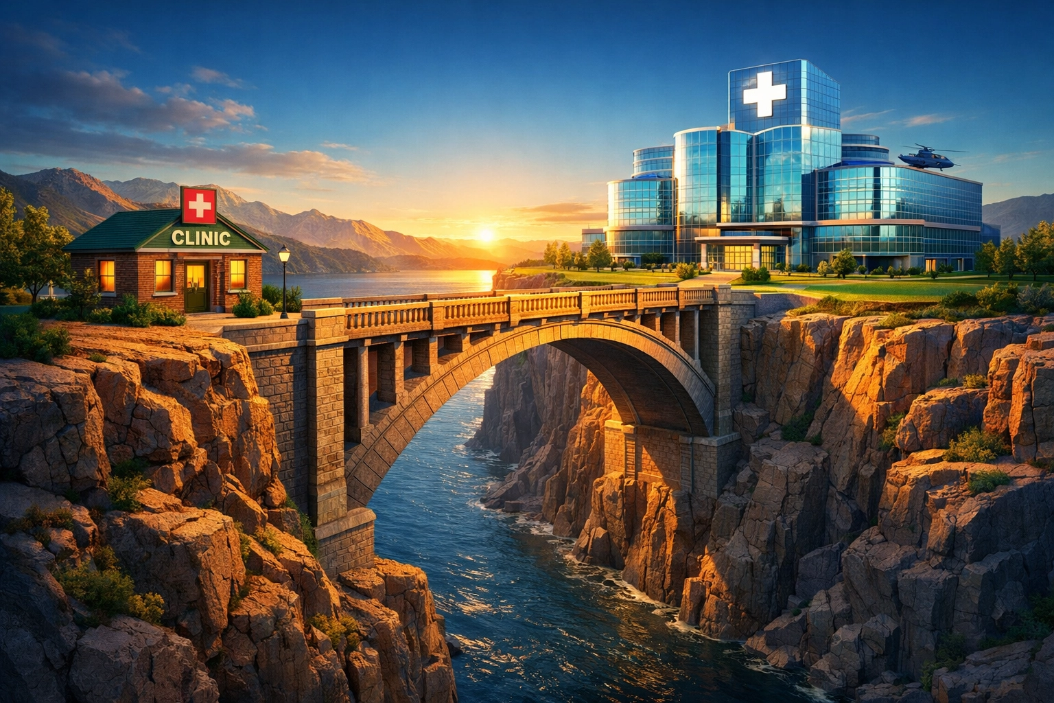 A symbolic stone bridge connecting a small medical clinic to a large, modern healthcare facility.