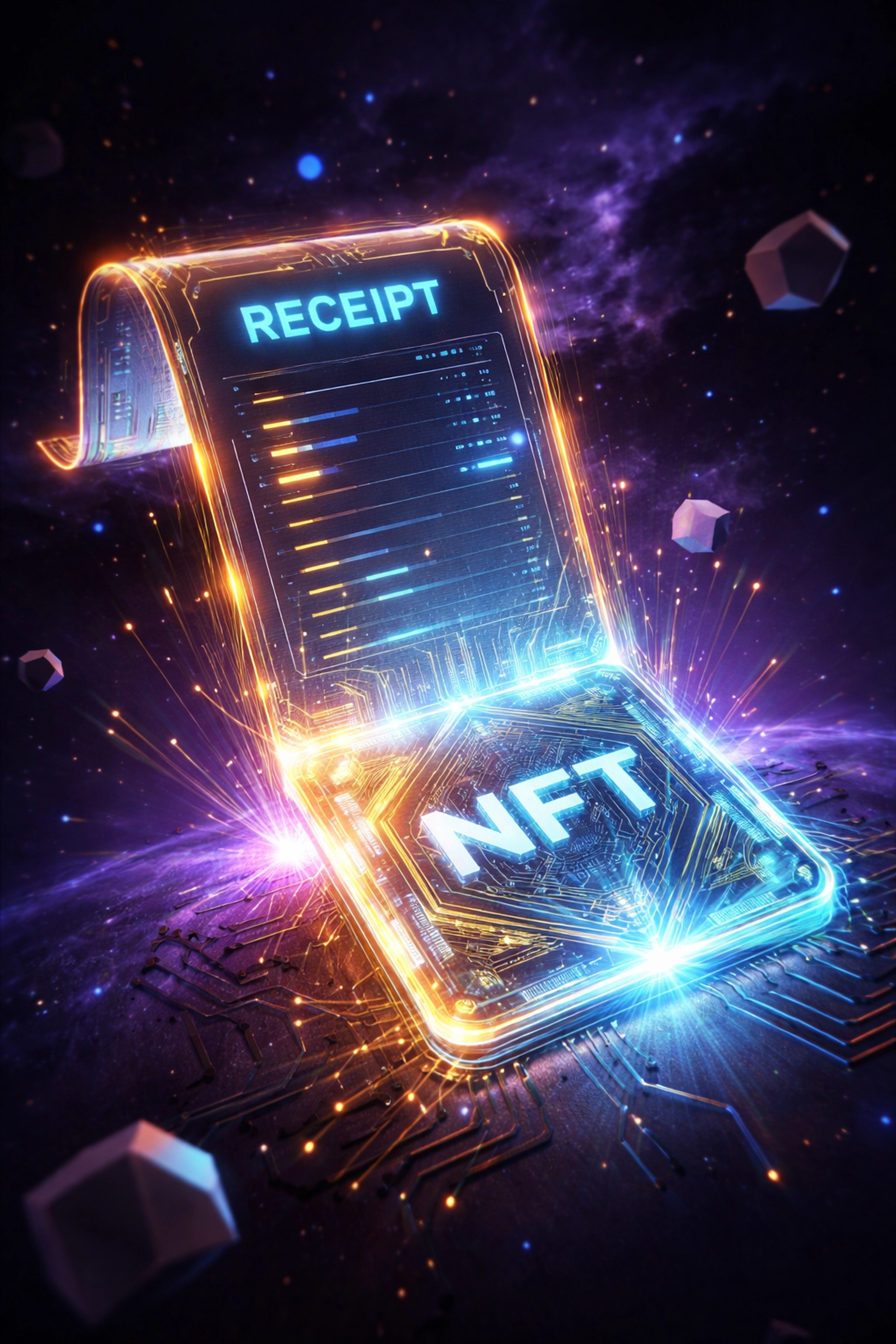 Futuristic blockchain NFT receipt illustrating Larecoin's NFT receipts for crypto accounting and transaction security.