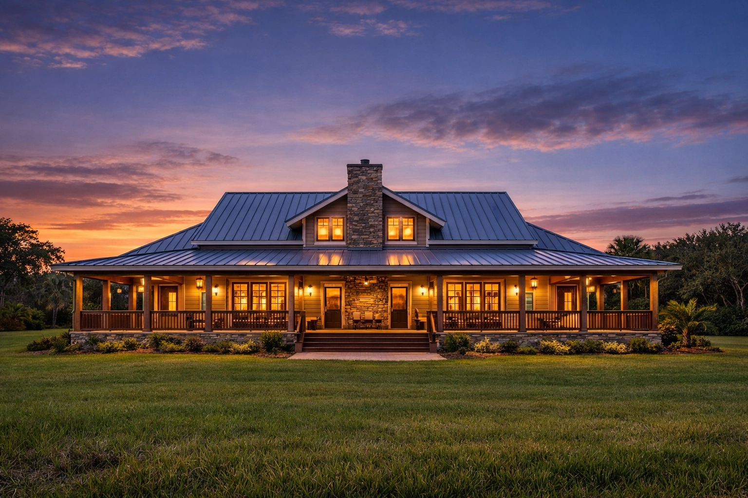 Completed custom ranch-style home in Okeechobee featuring a metal roof and a spacious wrap-around porch.