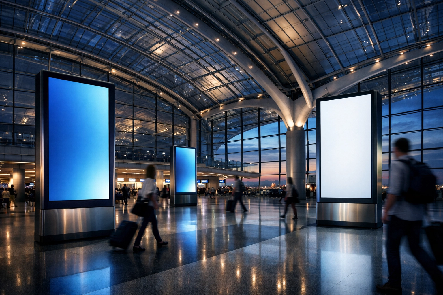 Digital signage pylons in a modern airport terminal providing real-time data for global transportation networks.
