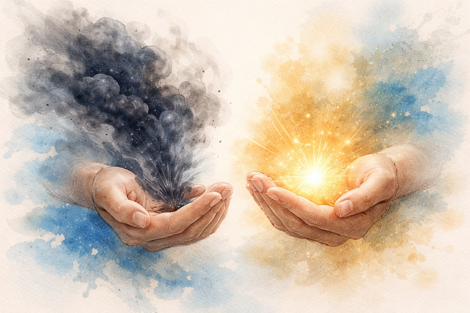 Hands illustrate releasing complaints and embracing gratitude, highlighting spiritual transformation.