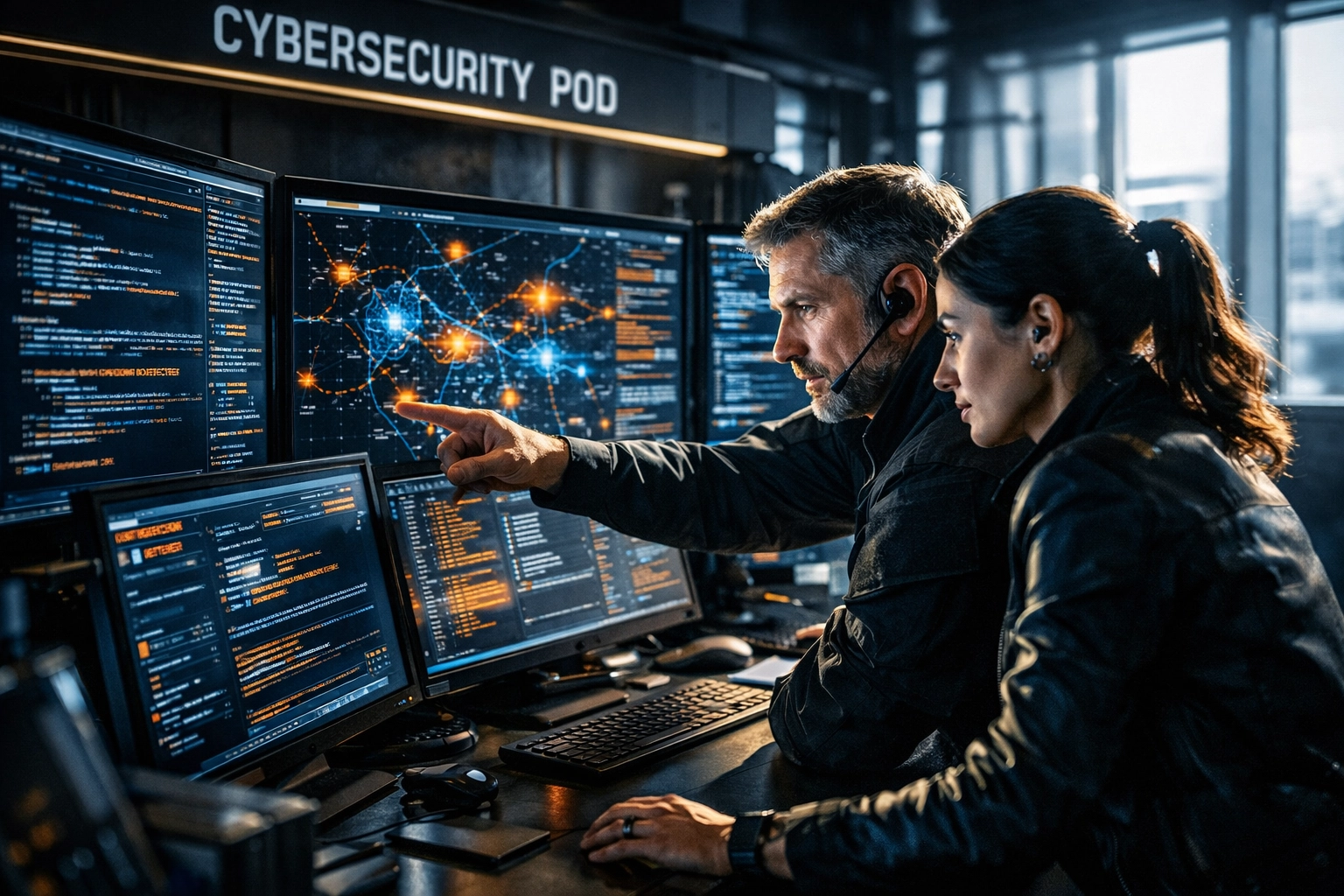 Cybersecurity professionals monitoring data in a specialized security operations center pod.