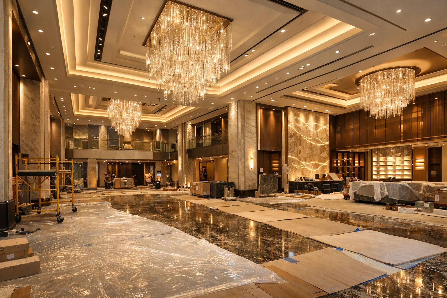 High-end luxury hotel lobby development featuring complex project logistics and architectural finishes.