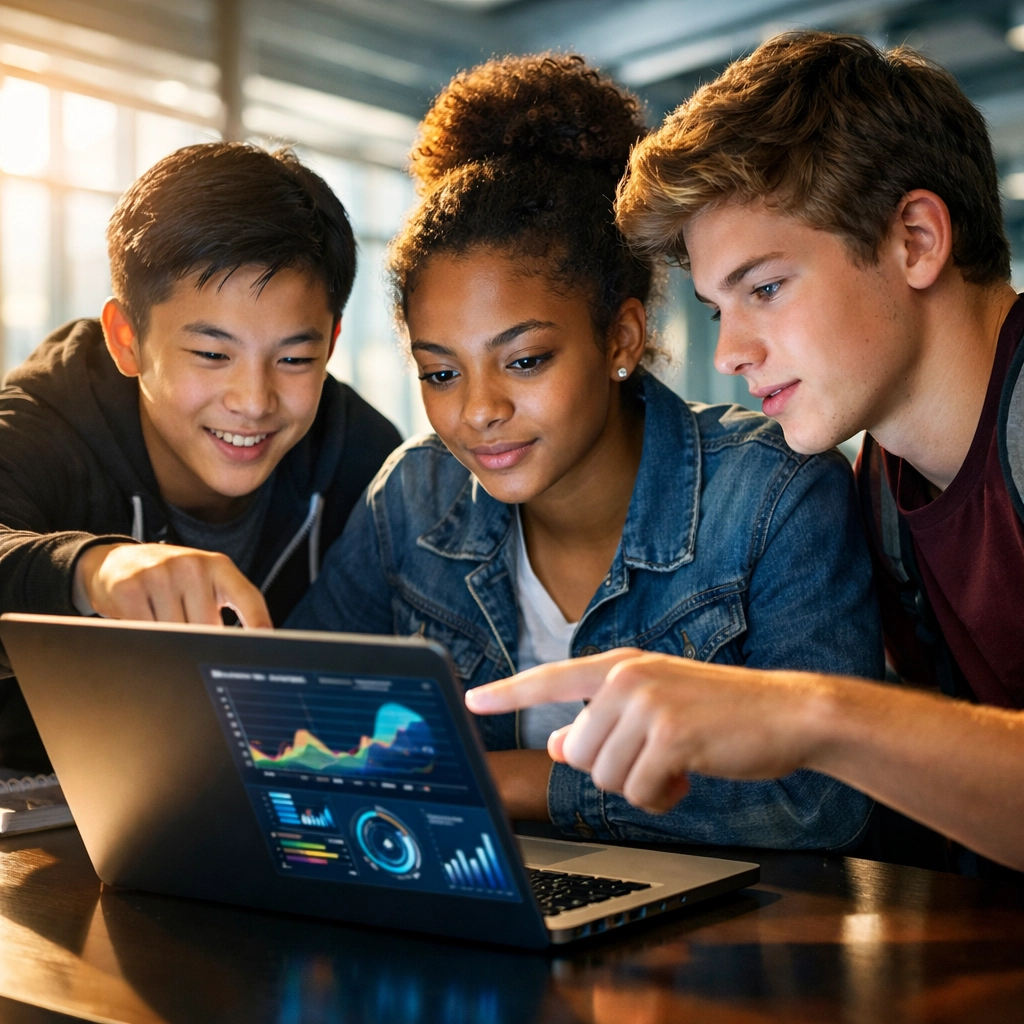 High school students in a STEM lab learning data analytics for a future AI talent pipeline.