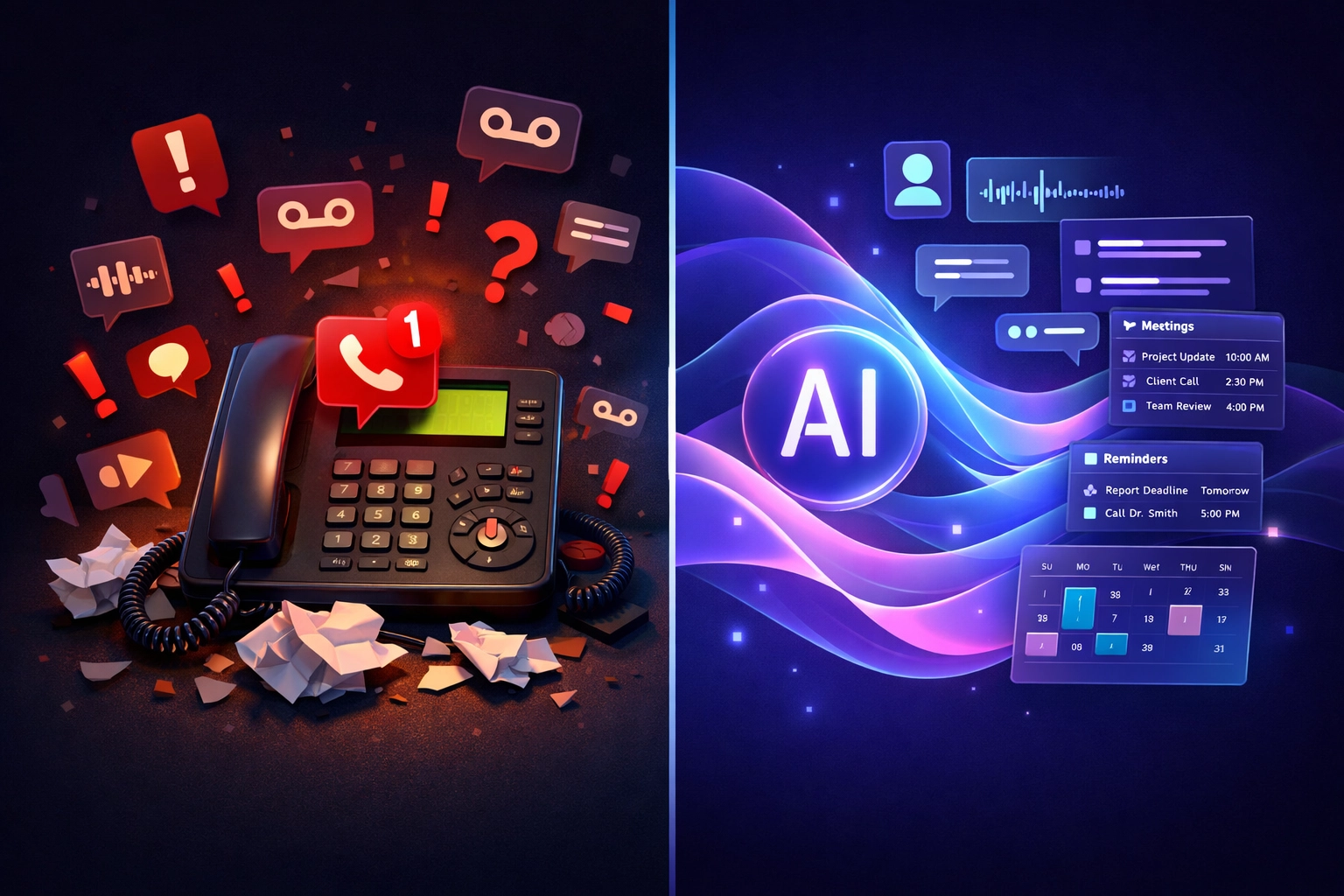 Traditional voicemail chaos versus organized AI receptionist system managing calls and appointments