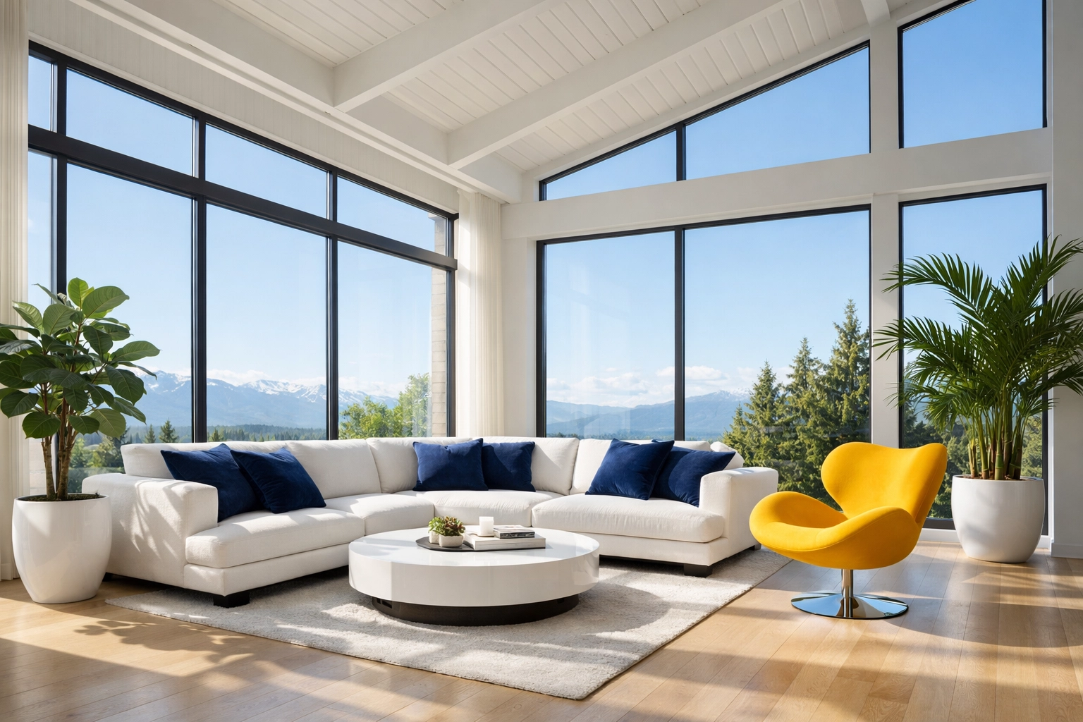 Bright, clean modern living room with fresh air and plants after eco-friendly cleaning services.