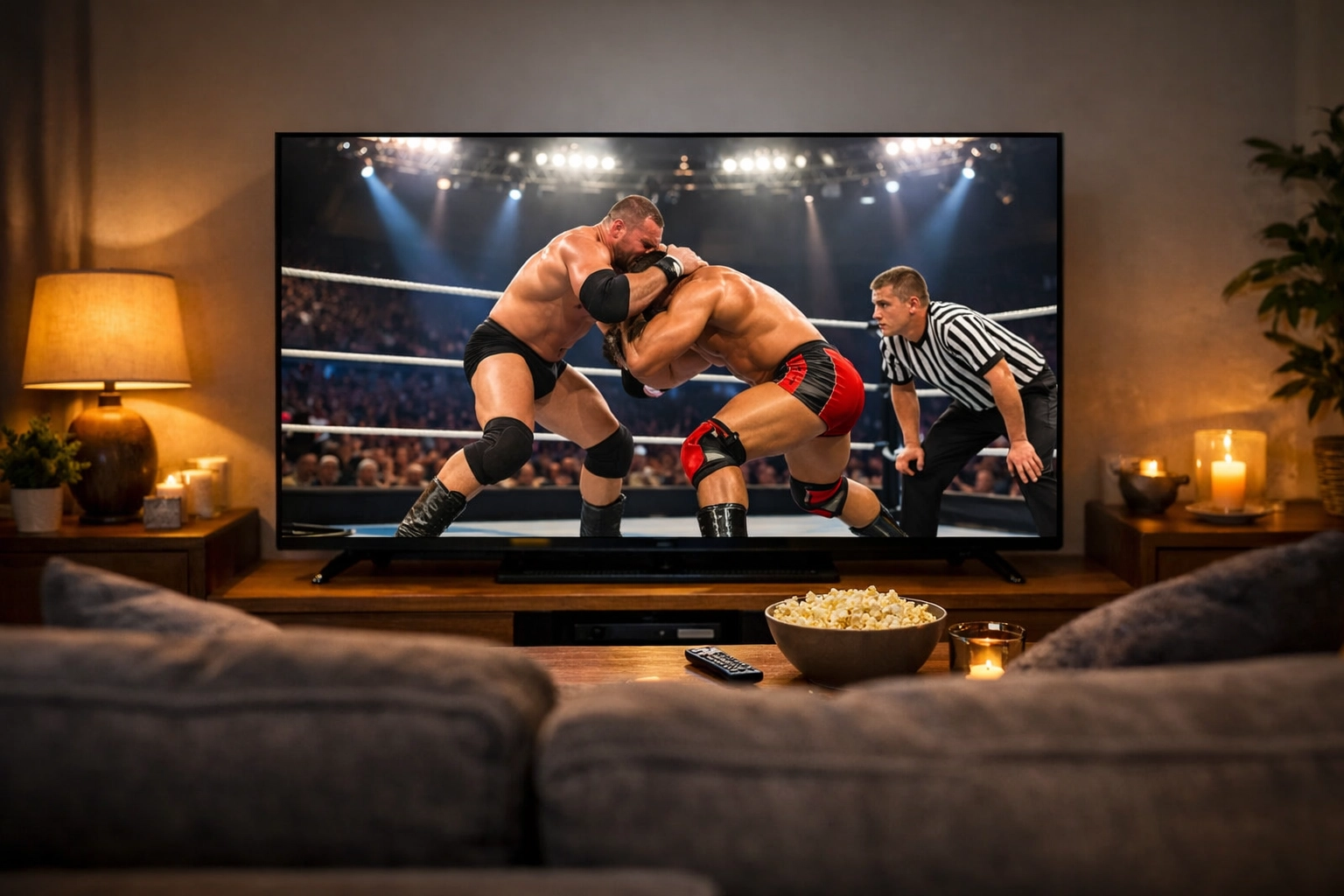 Living room TV showing a pro-wrestling match as the Road to WrestleMania heats up