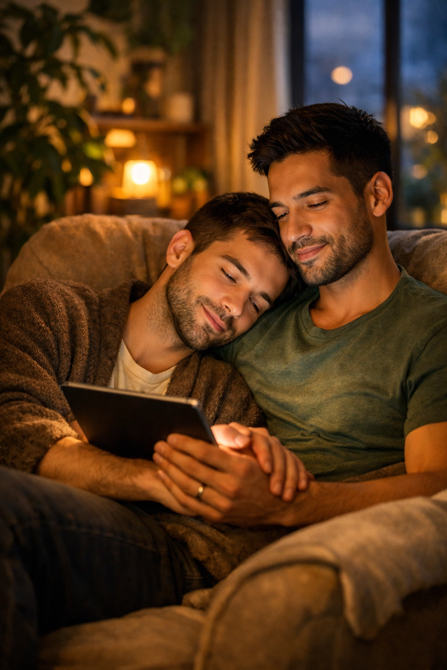A gay couple sharing an intimate moment reading MM romance books in a cozy, plant-filled apartment.