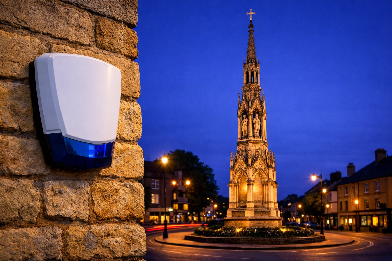 Modern white intruder alarm siren mounted on a stone wall with the historic Banbury Cross monument in the distance.