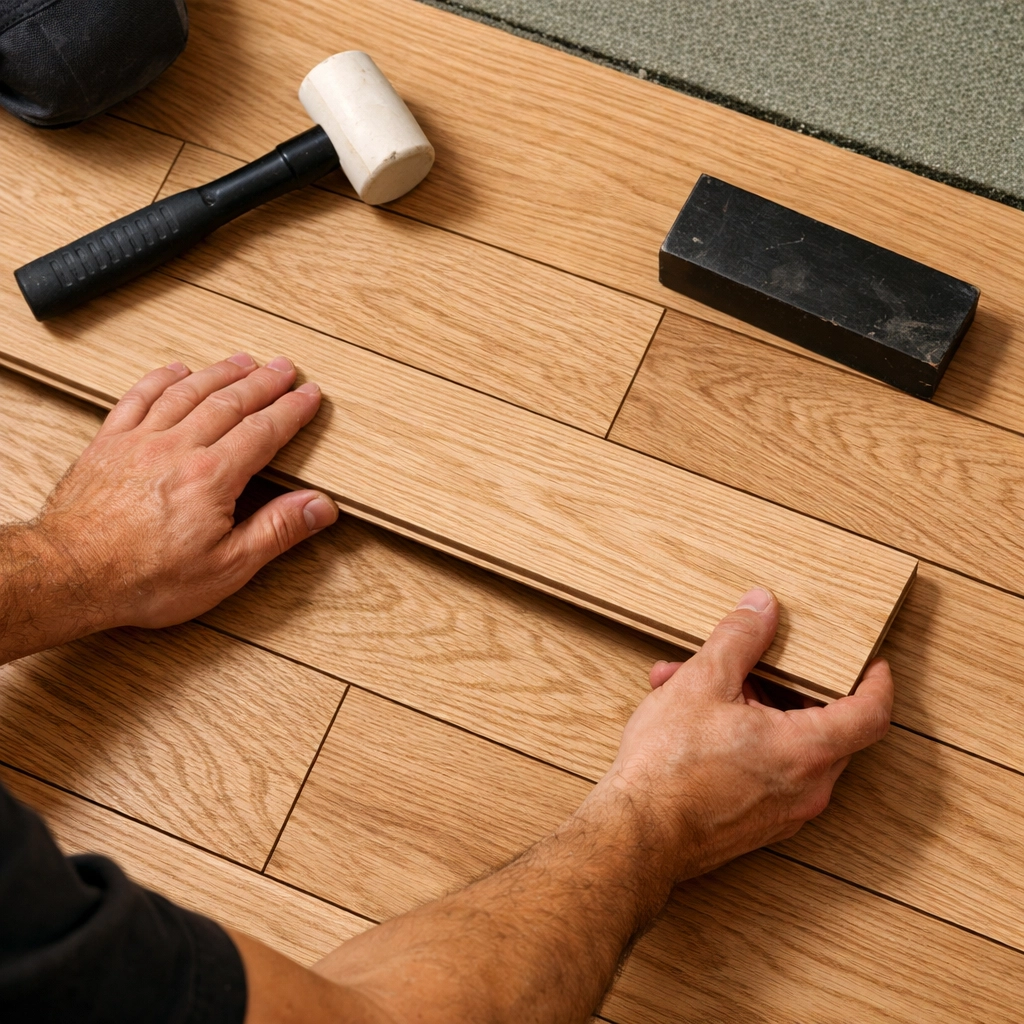 Professional hardwood floor installation showing plank placement and tools