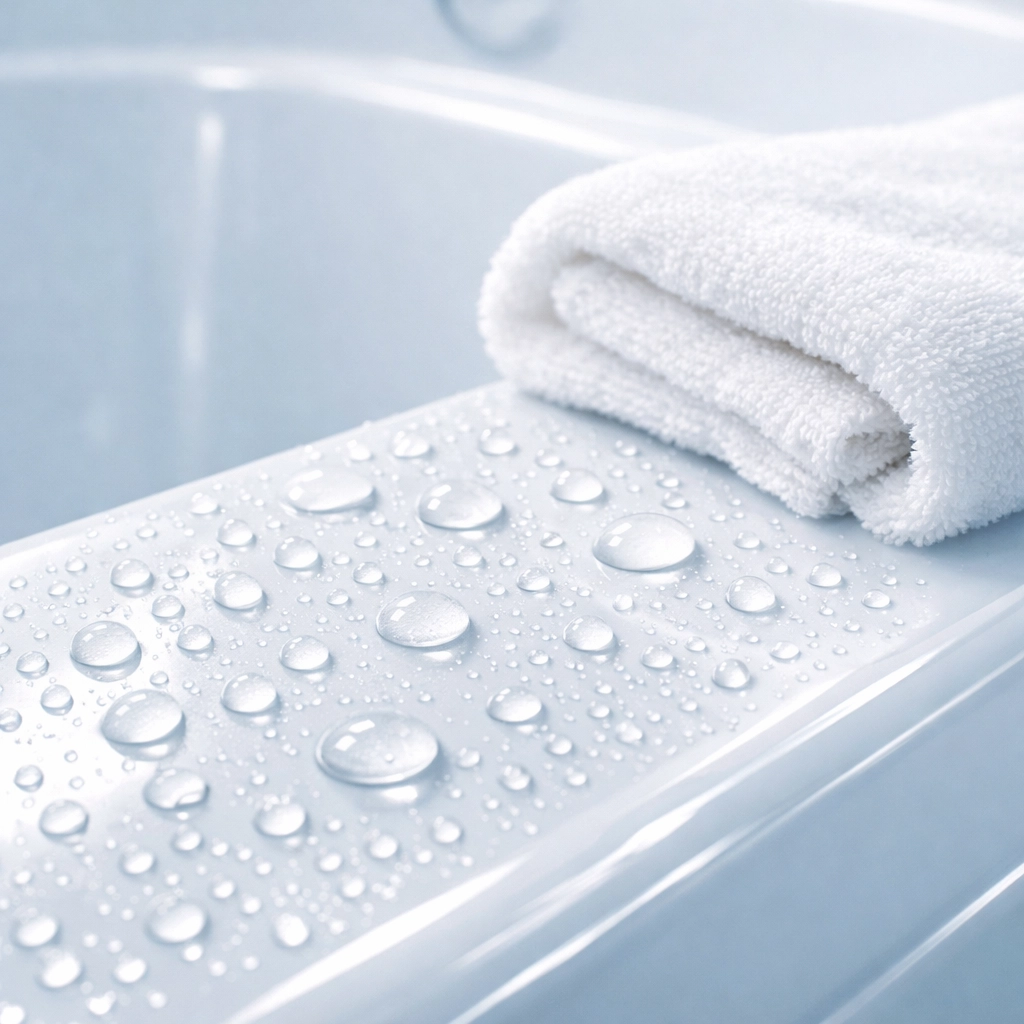 Non-porous acrylic walk-in tub surface with water beading for easy cleaning