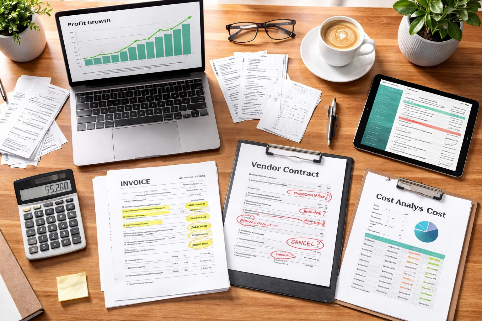 Overhead view of a manager’s desk with financial papers and a laptop, representing finding hidden revenue and restaurant investment strategies.