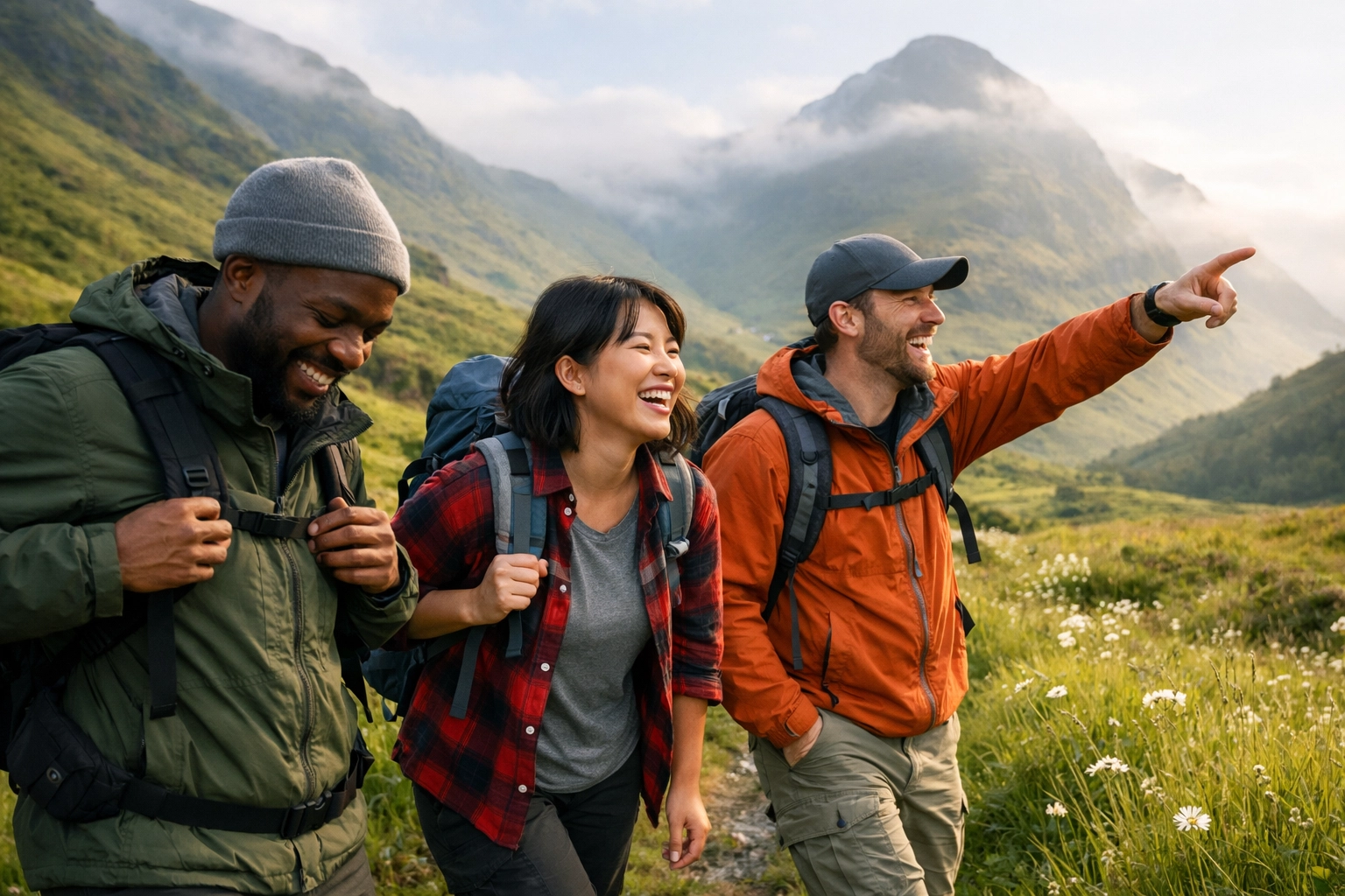 Happy hikers exploring a scenic valley in the Scottish Highlands during a guided hiking tour.
