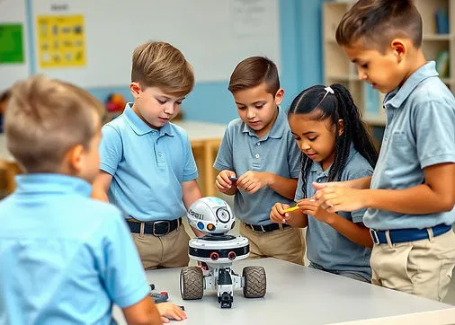 A group of elementary-age students in uniform collaborates around a table, constructing and exploring a robot