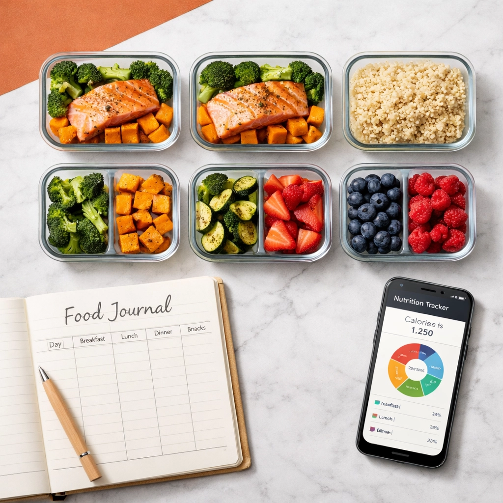 Balanced meal prep containers with salmon and vegetables for tracking daily nutrition