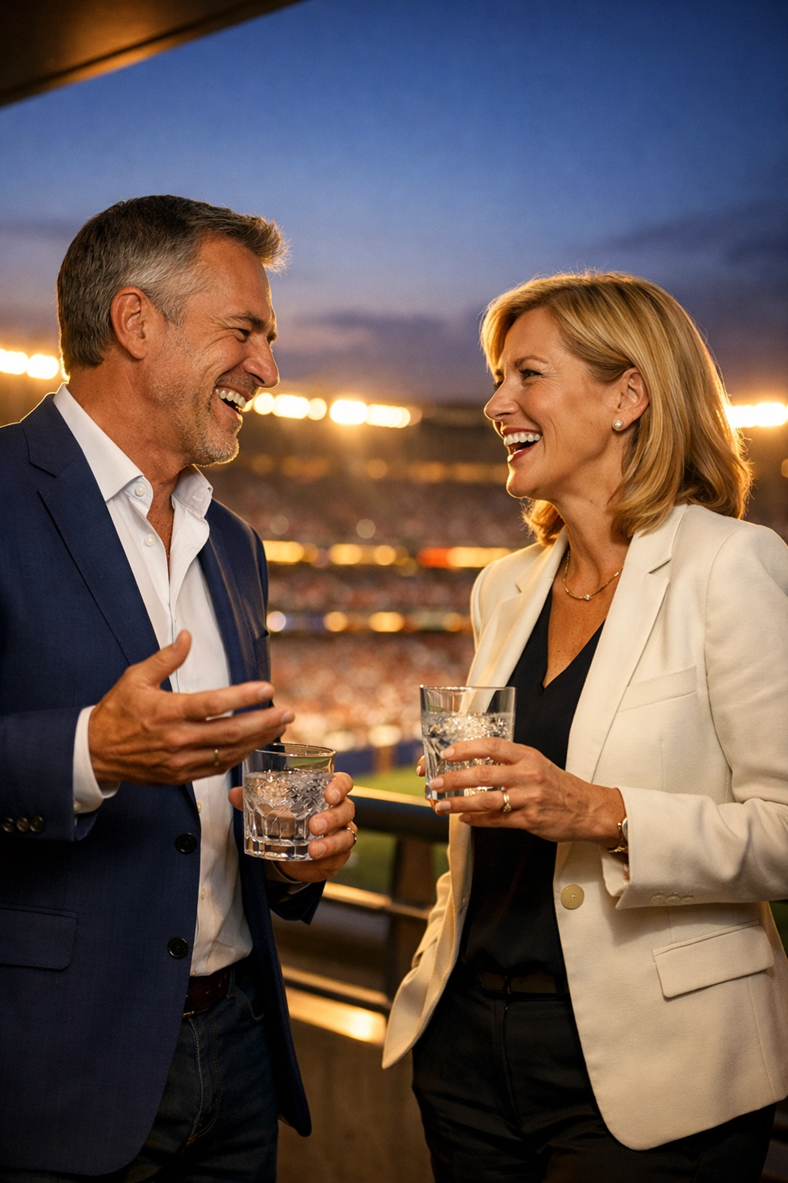 Business leaders networking on a private balcony overlooking a stadium during a VIP corporate event.
