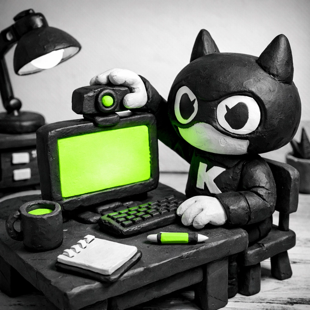 KINETK character preparing for a digital interview by setting up a webcam for ATS screening.